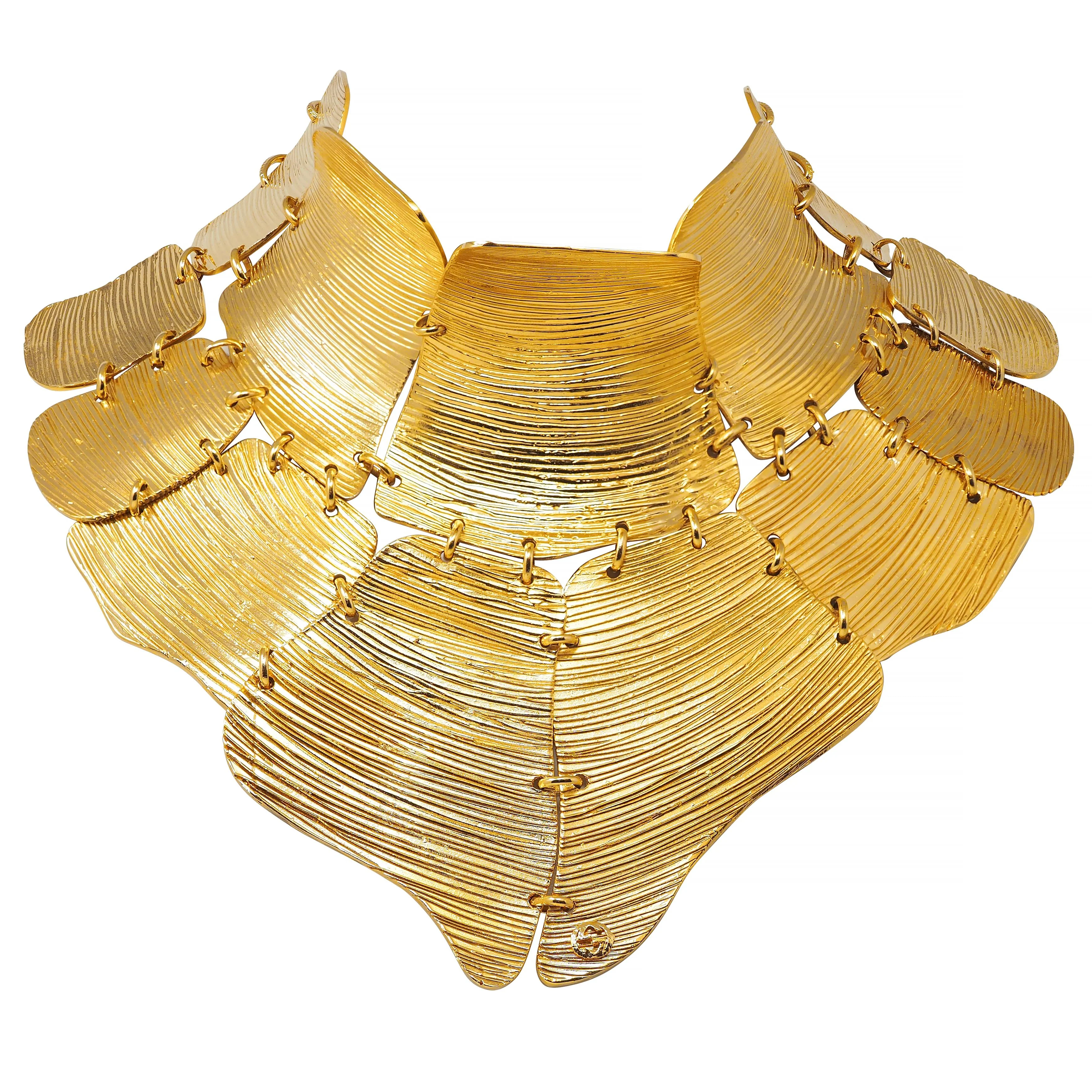 Gucci 2019 Runway Gold Plated Textured Bib Collar Statement Necklace