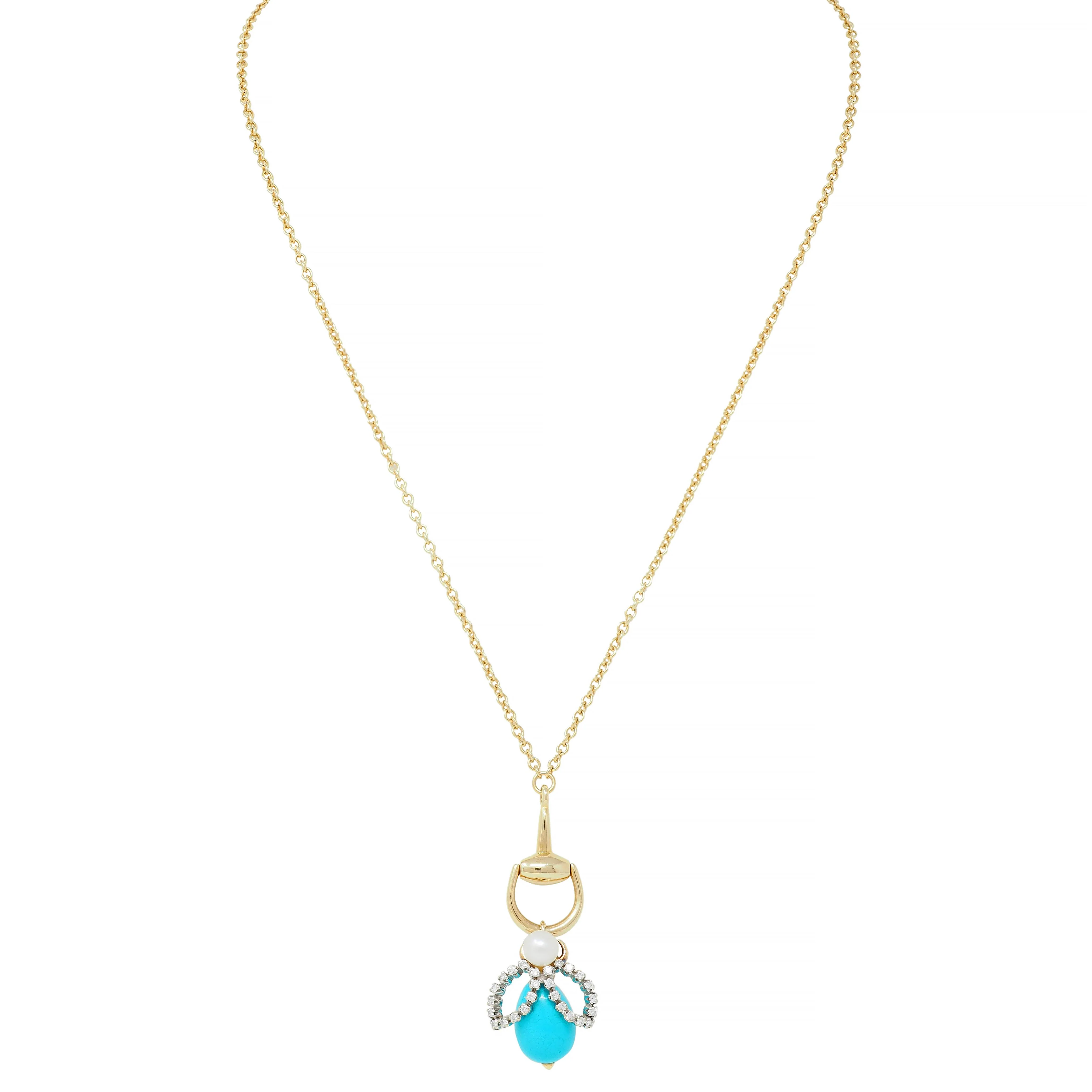 Gucci Turquoise Pearl Diamond Platinum 18 Karat Gold Horsebit Bee Pendant Necklace - Image 4