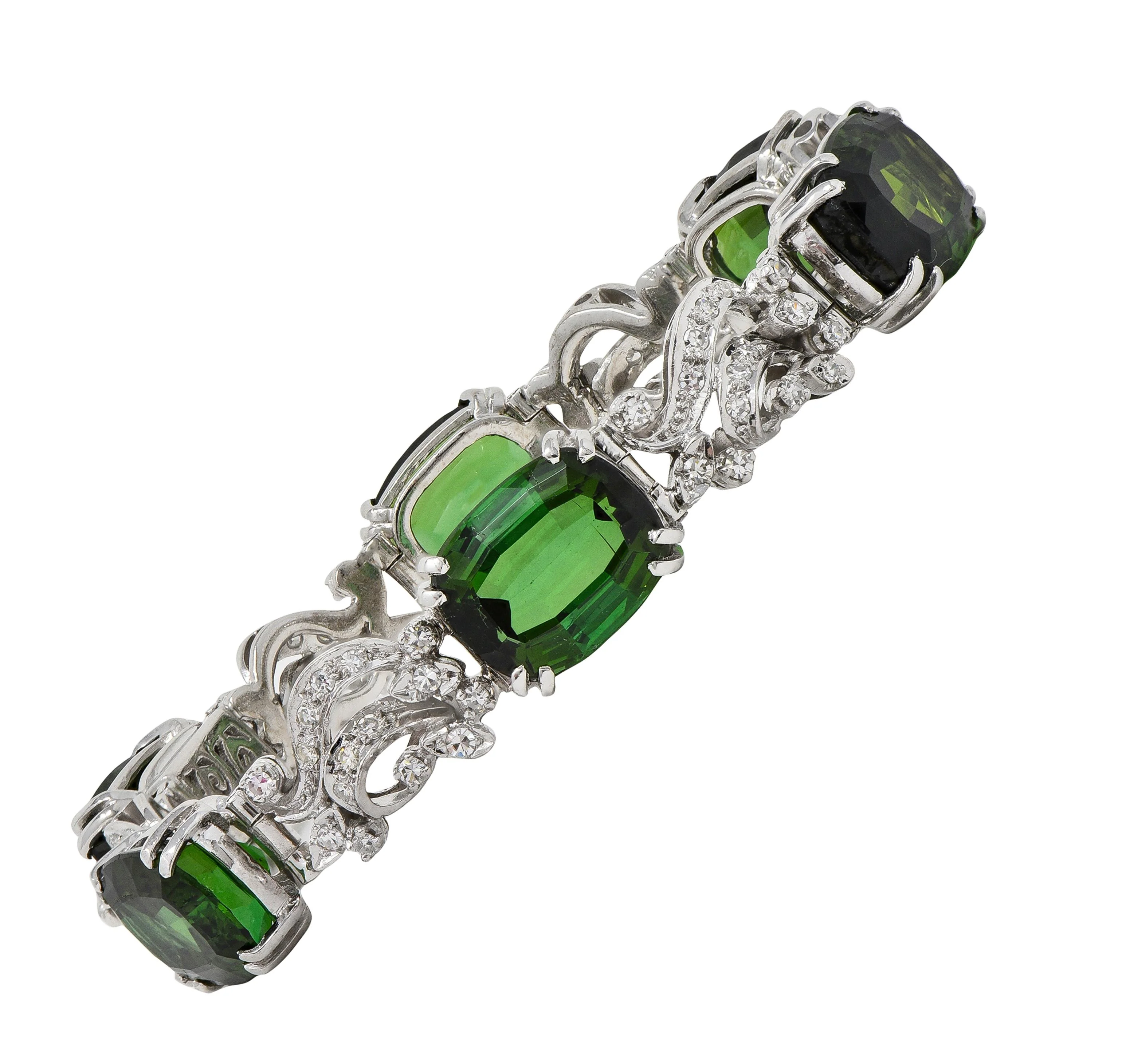 H.Stern 1950's Tourmaline Diamond 18 Karat White Gold Vintage Ribbon Gemstone Link Bracelet