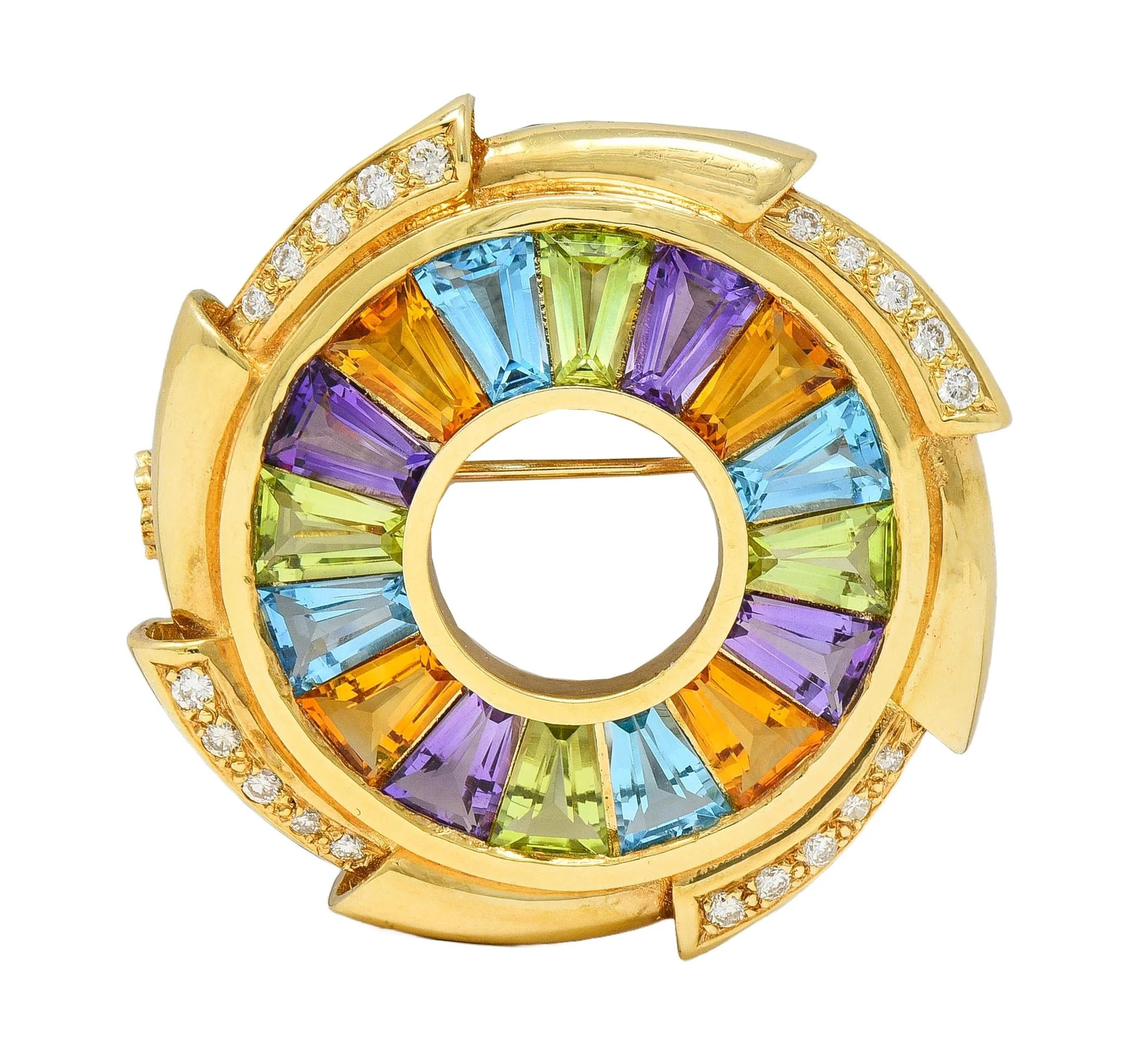 H.Stern 1980's Diamond Multi-Gem 18 Karat Yellow Gold Rainbow Pinwheel Vintage Pendant Brooch