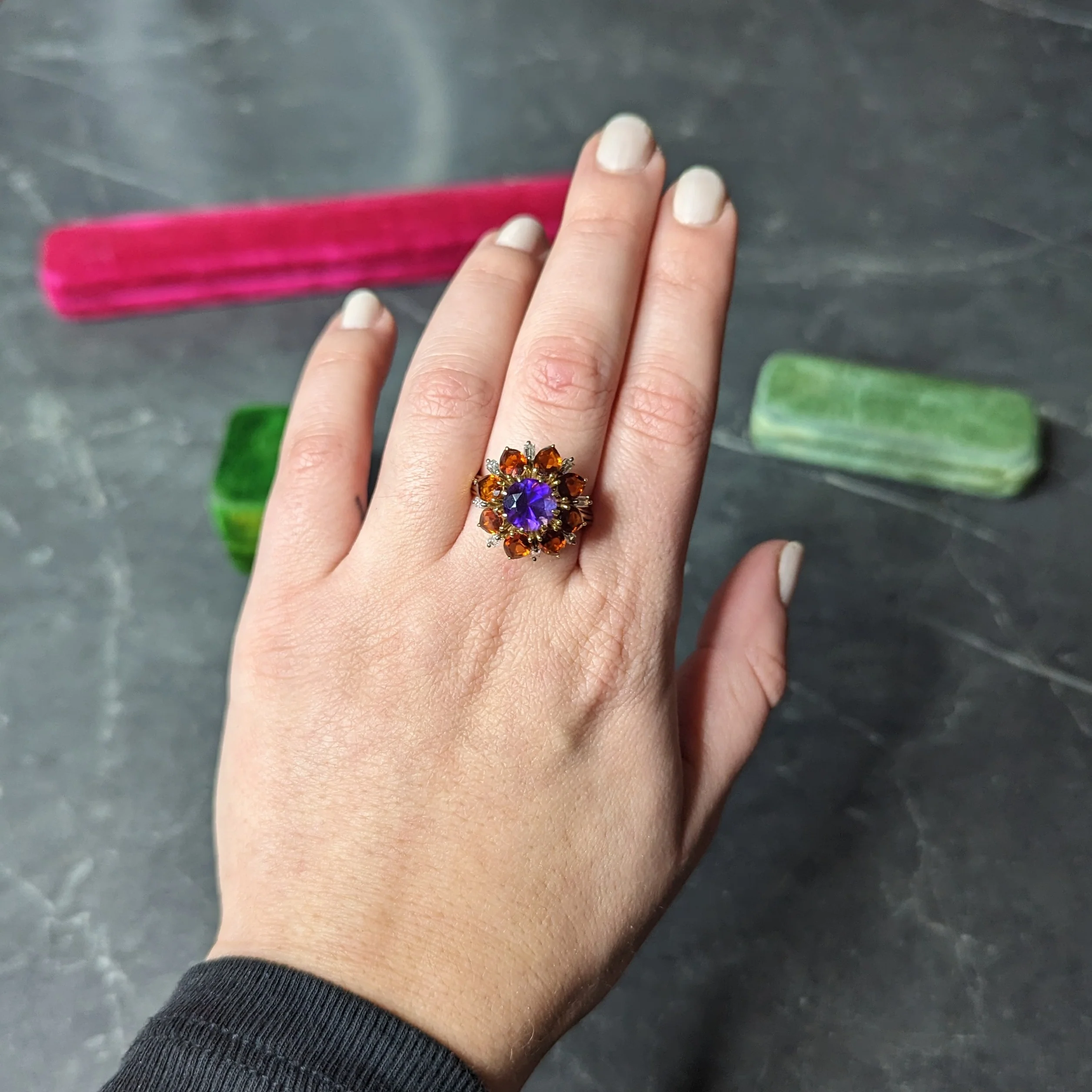 H. Stern Modernist 6.10 CTW Amethyst Citrine Diamond 18 Karat Gold Tiered Vintage Cluster Ring - Image 14