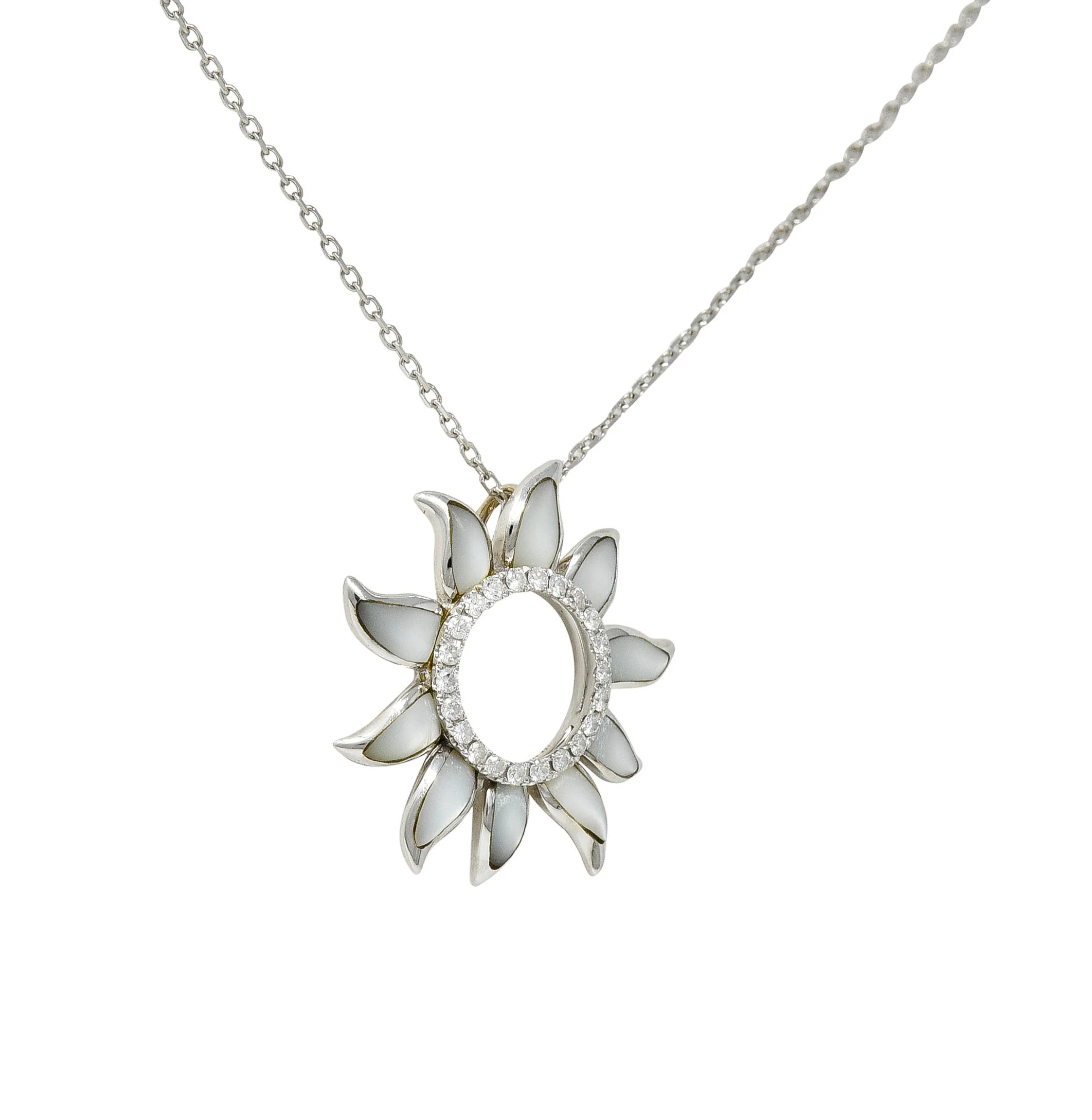 Hawaiian Na Hoku Mother-Of-Pearl Diamond 14 Karat White Gold Sun Pendant Necklace - Image 3