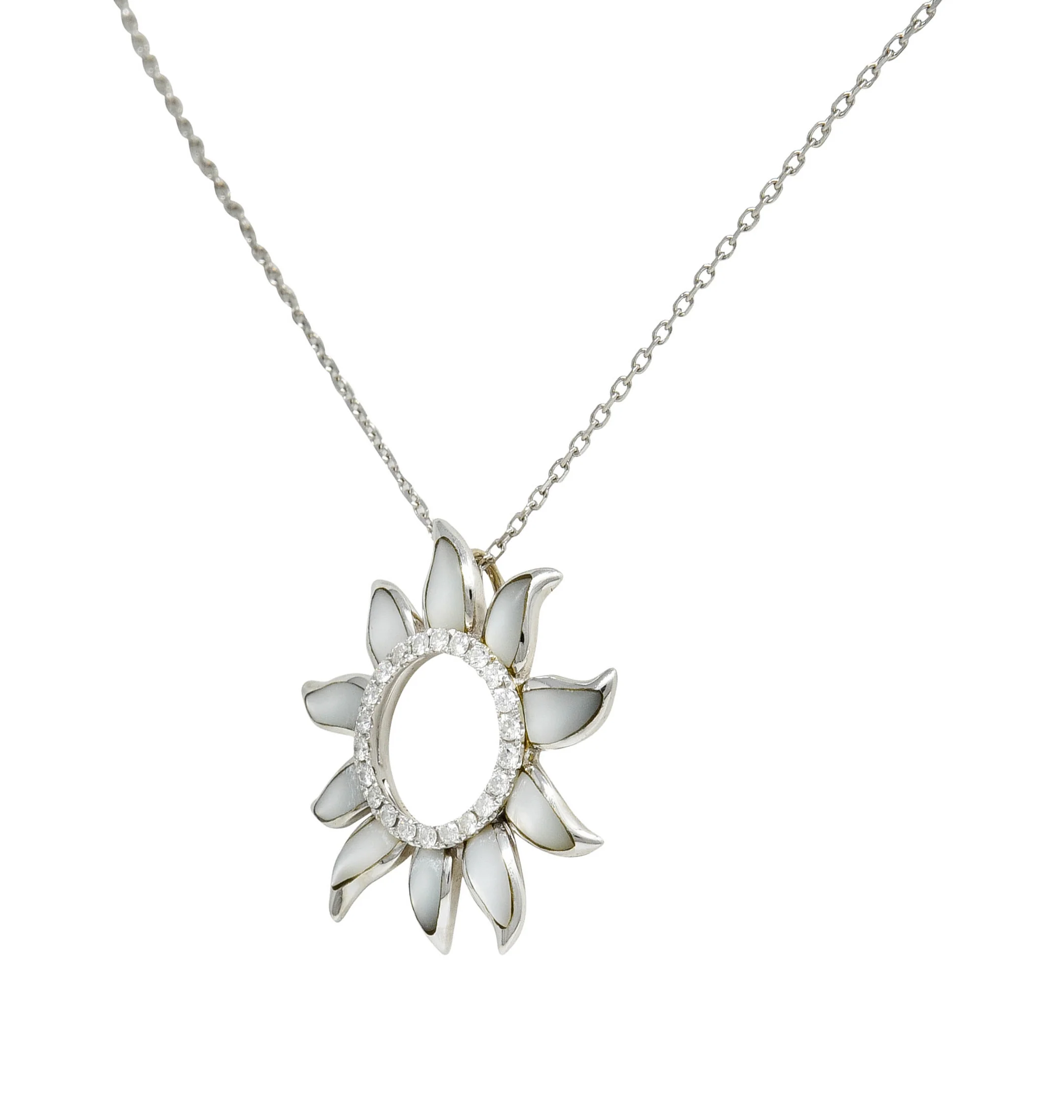 Hawaiian Na Hoku Mother-Of-Pearl Diamond 14 Karat White Gold Sun Pendant Necklace - Image 5