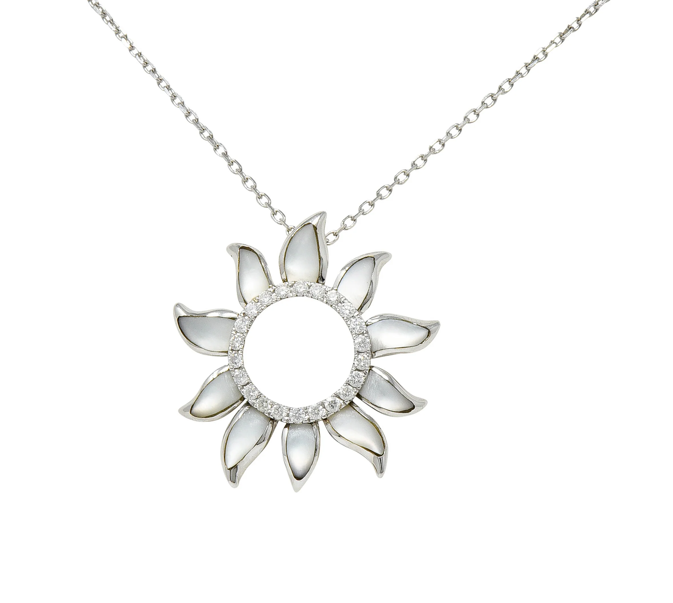 Hawaiian Na Hoku Mother-Of-Pearl Diamond 14 Karat White Gold Sun Pendant Necklace - Image 9