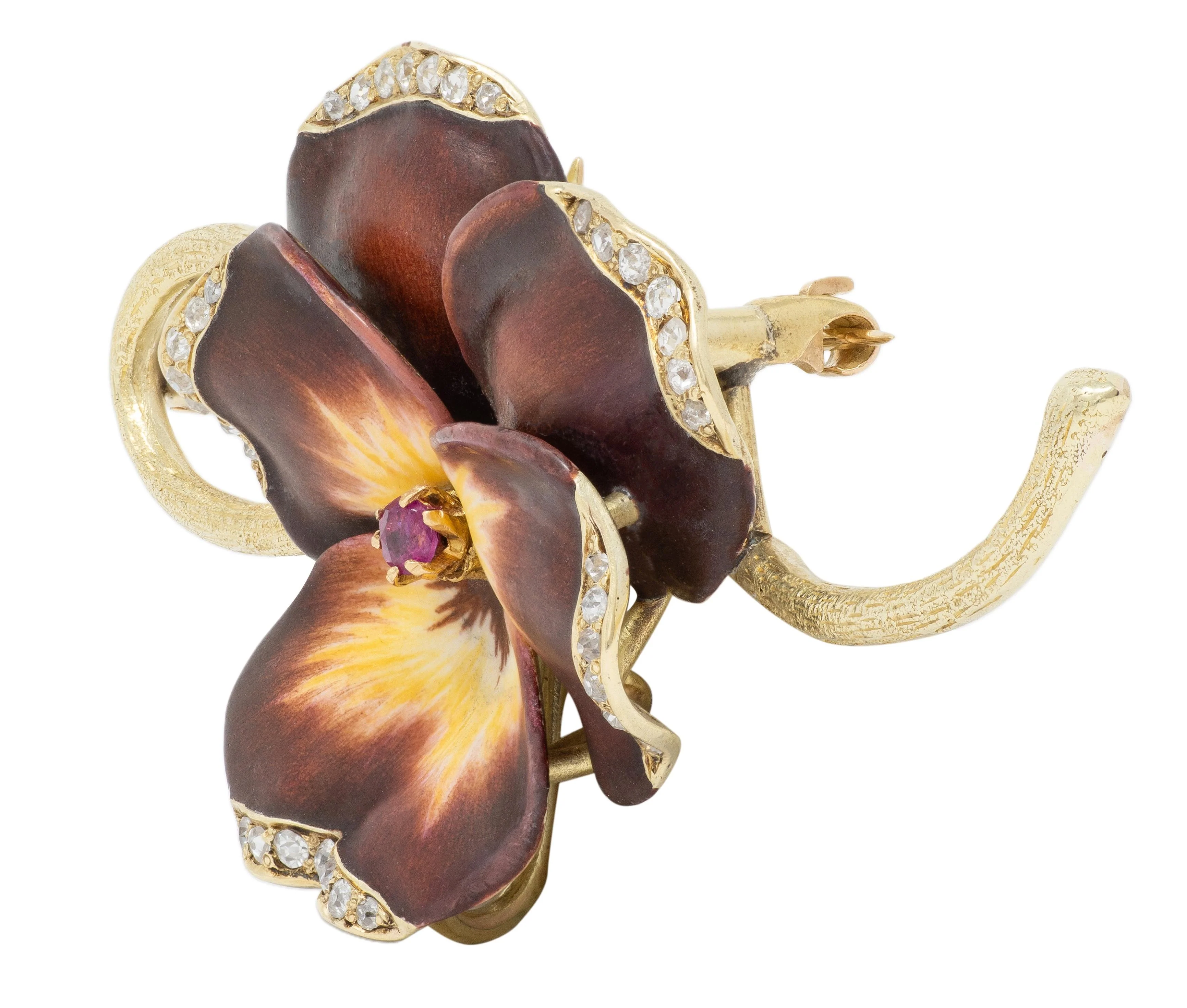 Hedges Art Nouveau Diamond Ruby Maroon Enamel 14 Karat Yellow Gold Antique Pansy Brooch - Image 3