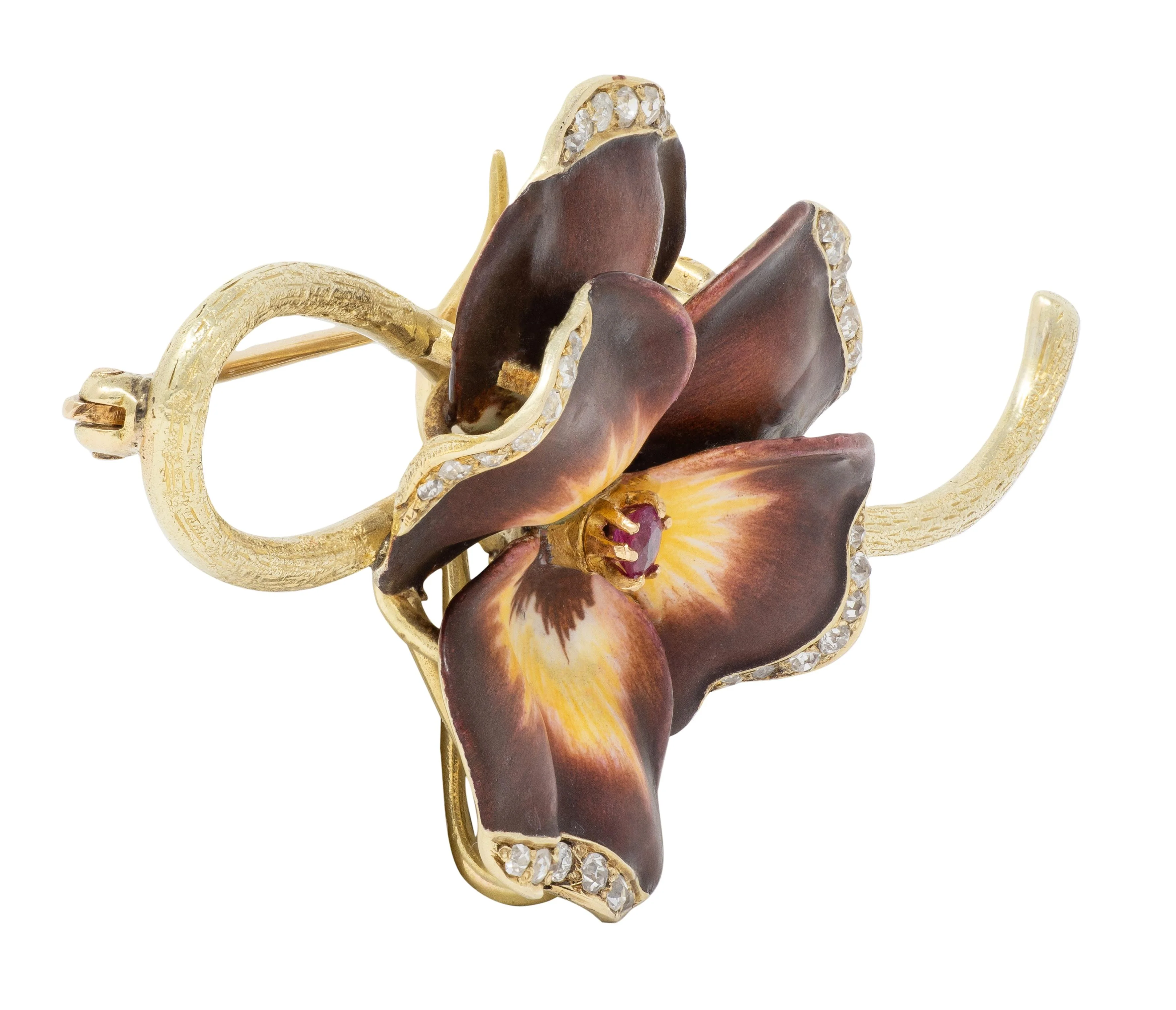 Hedges Art Nouveau Diamond Ruby Maroon Enamel 14 Karat Yellow Gold Antique Pansy Brooch - Image 5