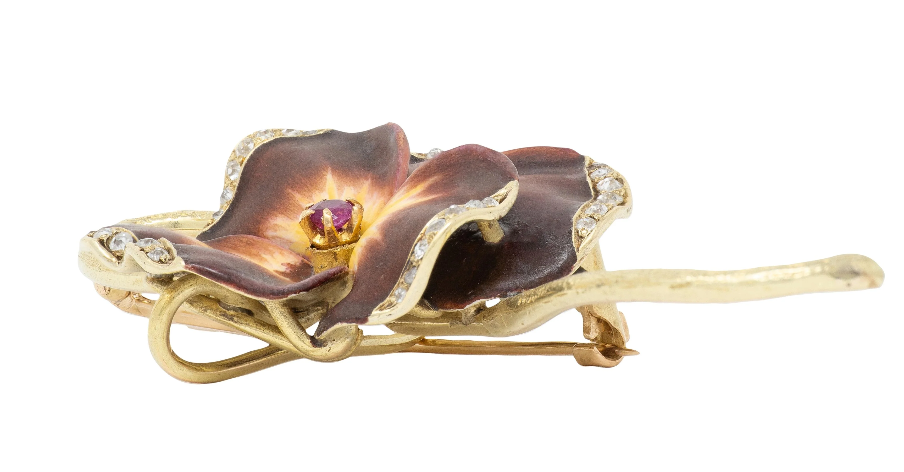 Hedges Art Nouveau Diamond Ruby Maroon Enamel 14 Karat Yellow Gold Antique Pansy Brooch - Image 7