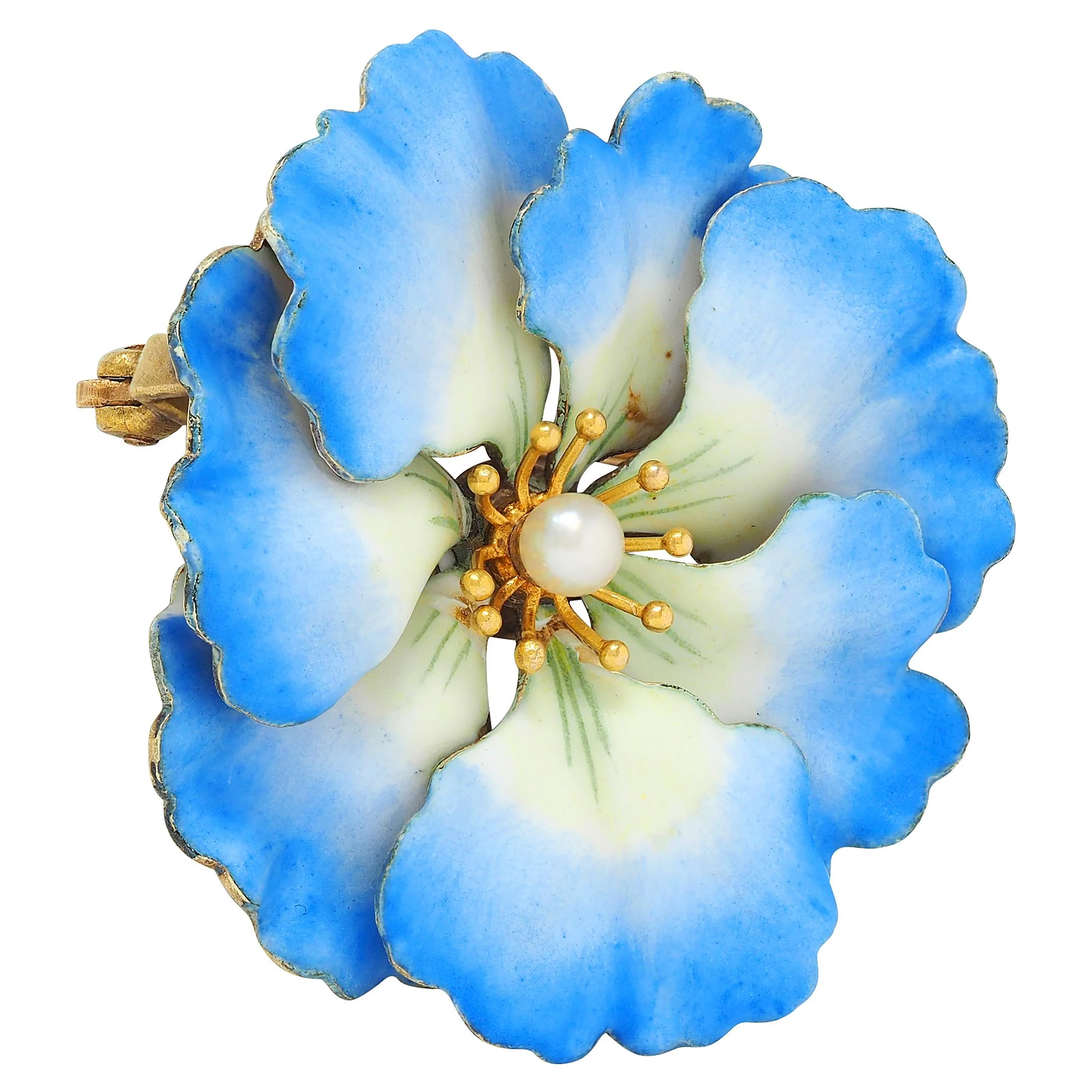 Hedges & Co. Art Nouveau Pearl Enamel 14 Karat Yellow Gold Antique Flower Brooch - Image 3