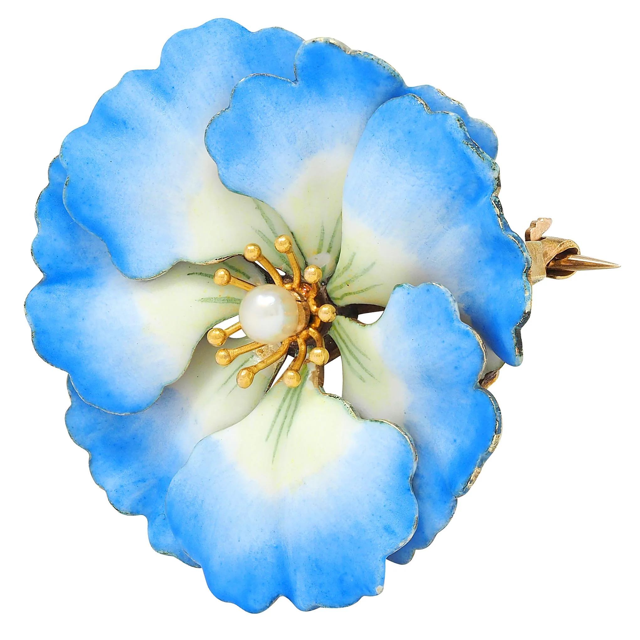 Hedges & Co. Art Nouveau Pearl Enamel 14 Karat Yellow Gold Antique Flower Brooch - Image 5