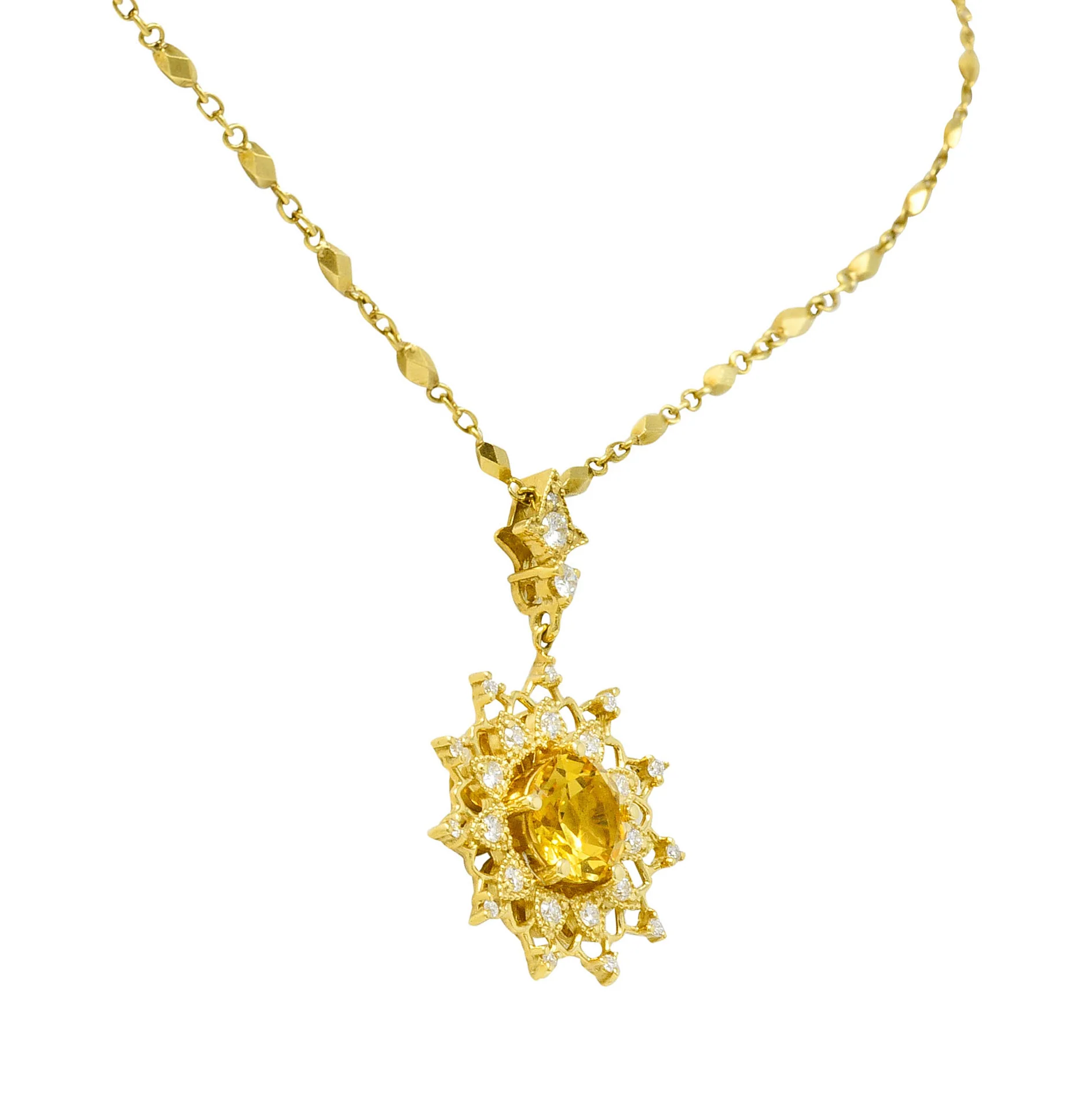 Heliodor Golden Beryl Diamond 18 Karat Gold Floral Burst Necklace - Image 5