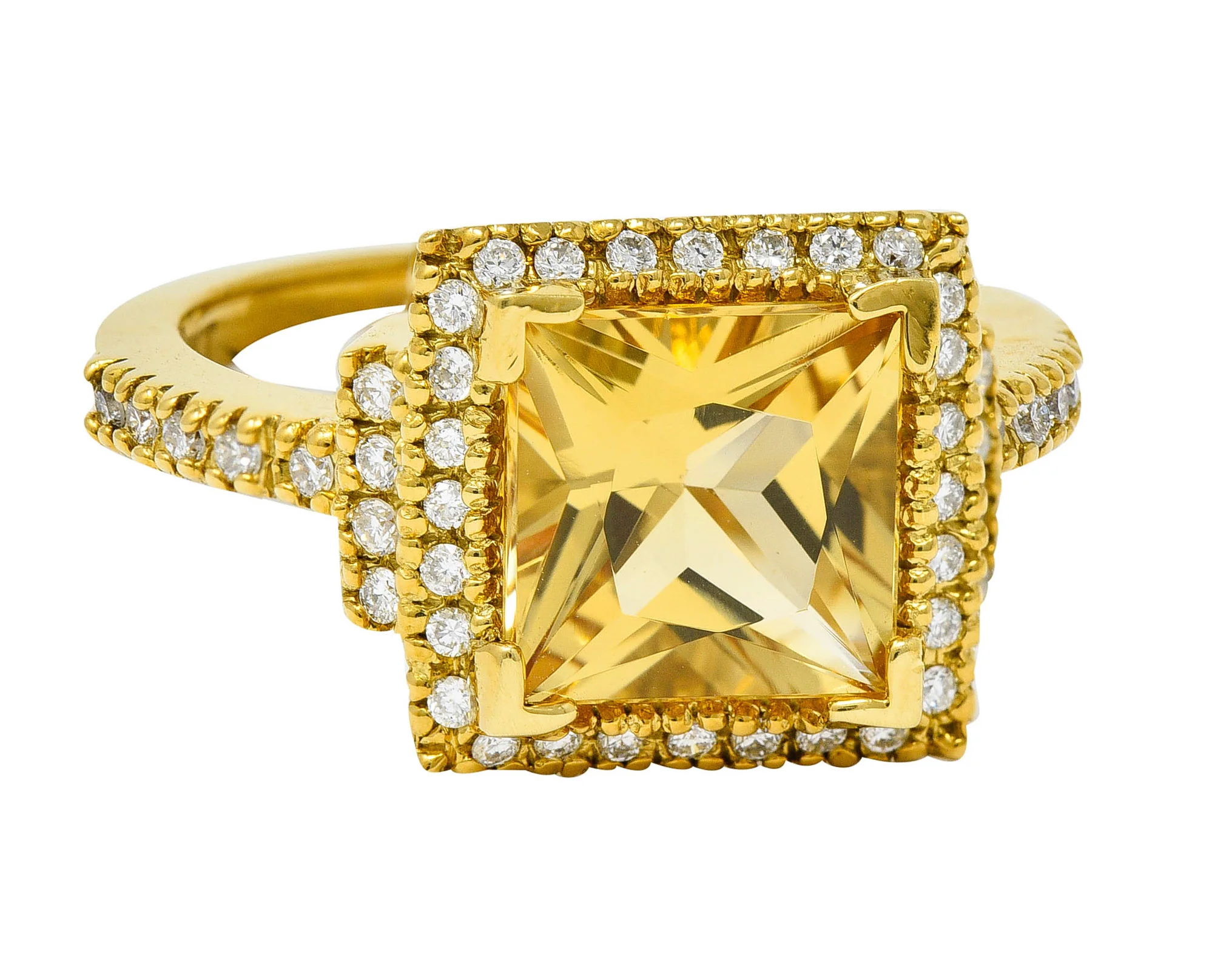 Heliodor Golden Beryl Diamond Halo 18 Karat Gold Gemstone Ring