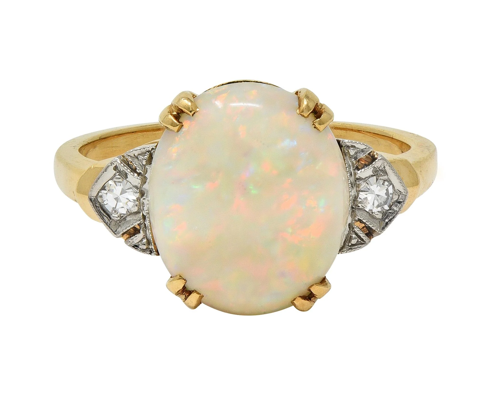 Helm & Hahn Co. Art Deco Opal Diamond 14 Karat Two-Tone Gold Three Stone Vintage Ring