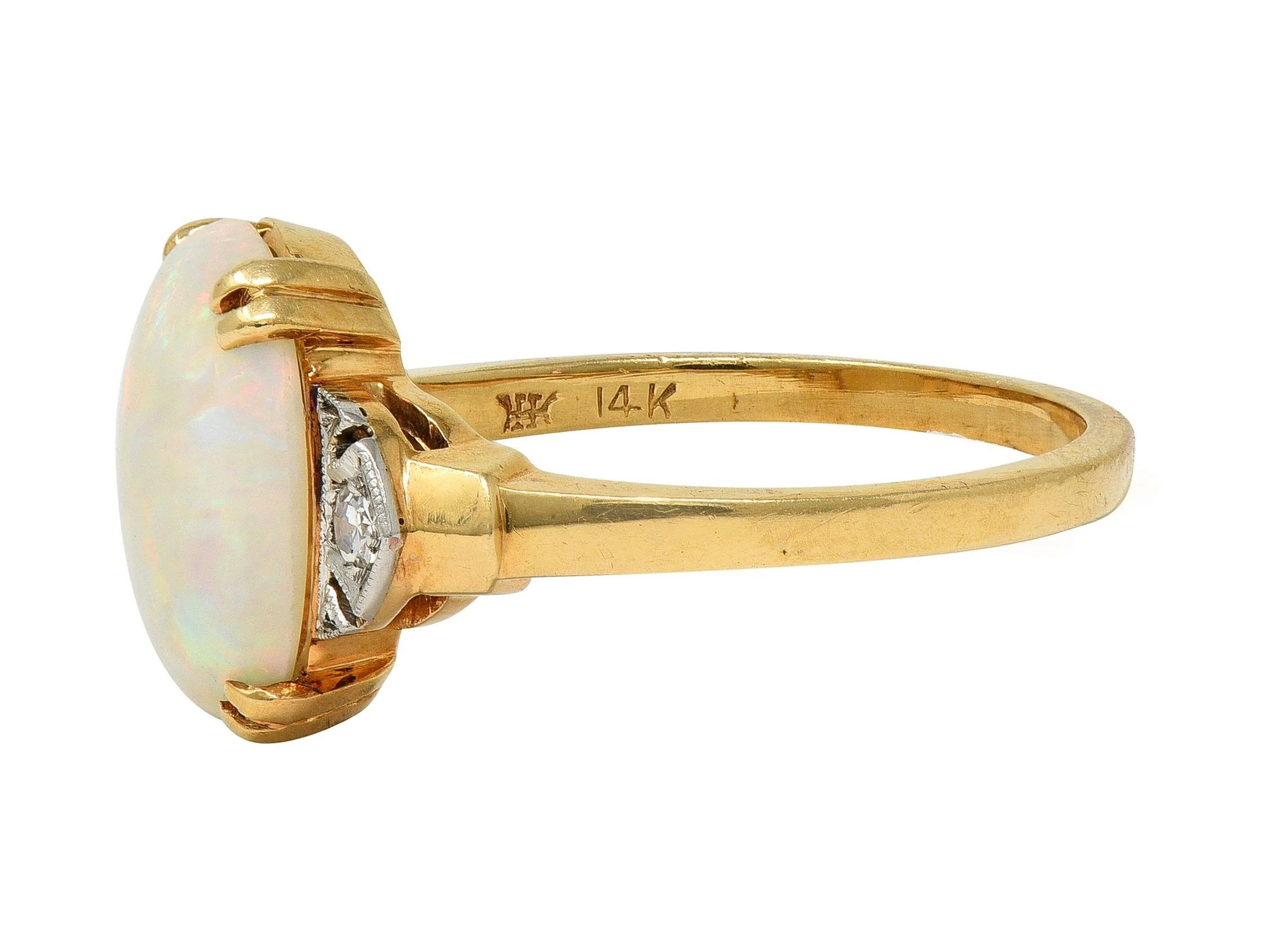 Helm & Hahn Co. Art Deco Opal Diamond 14 Karat Two-Tone Gold Three Stone Vintage Ring - Image 4