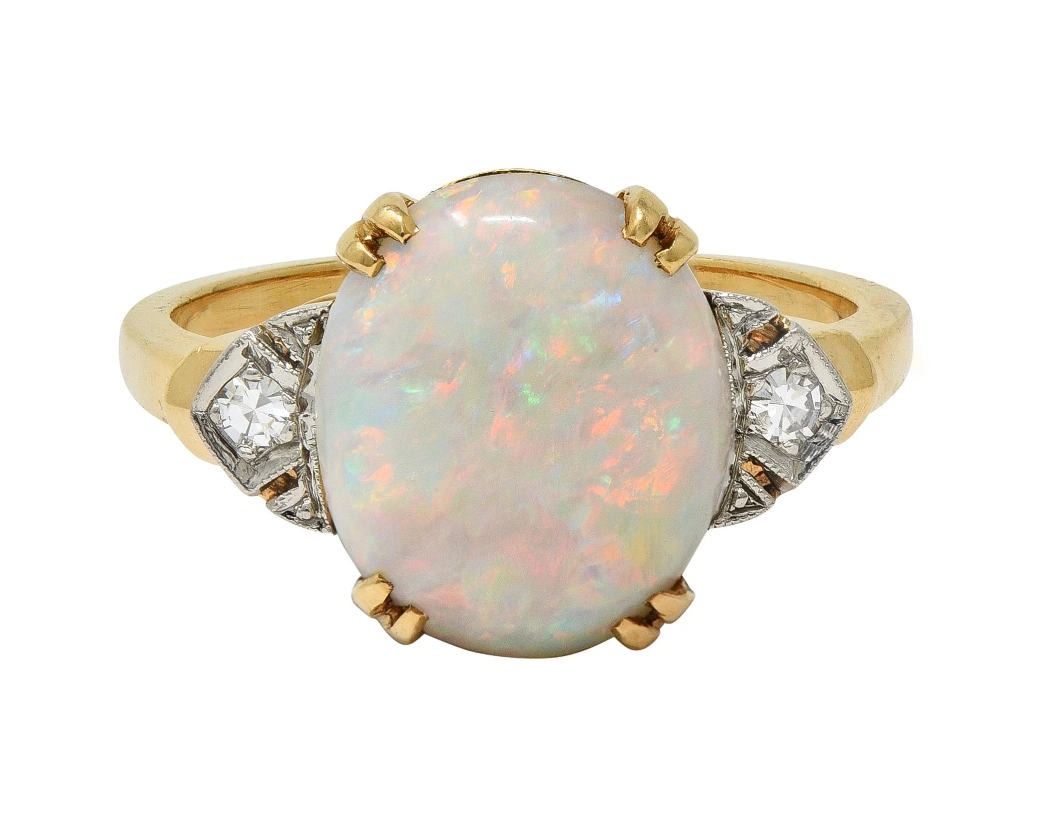 Helm & Hahn Co. Art Deco Opal Diamond 14 Karat Two-Tone Gold Three Stone Vintage Ring - Image 5
