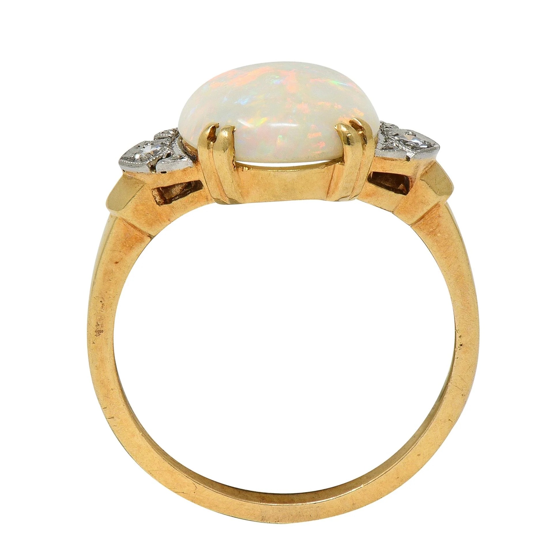 Helm & Hahn Co. Art Deco Opal Diamond 14 Karat Two-Tone Gold Three Stone Vintage Ring - Image 7