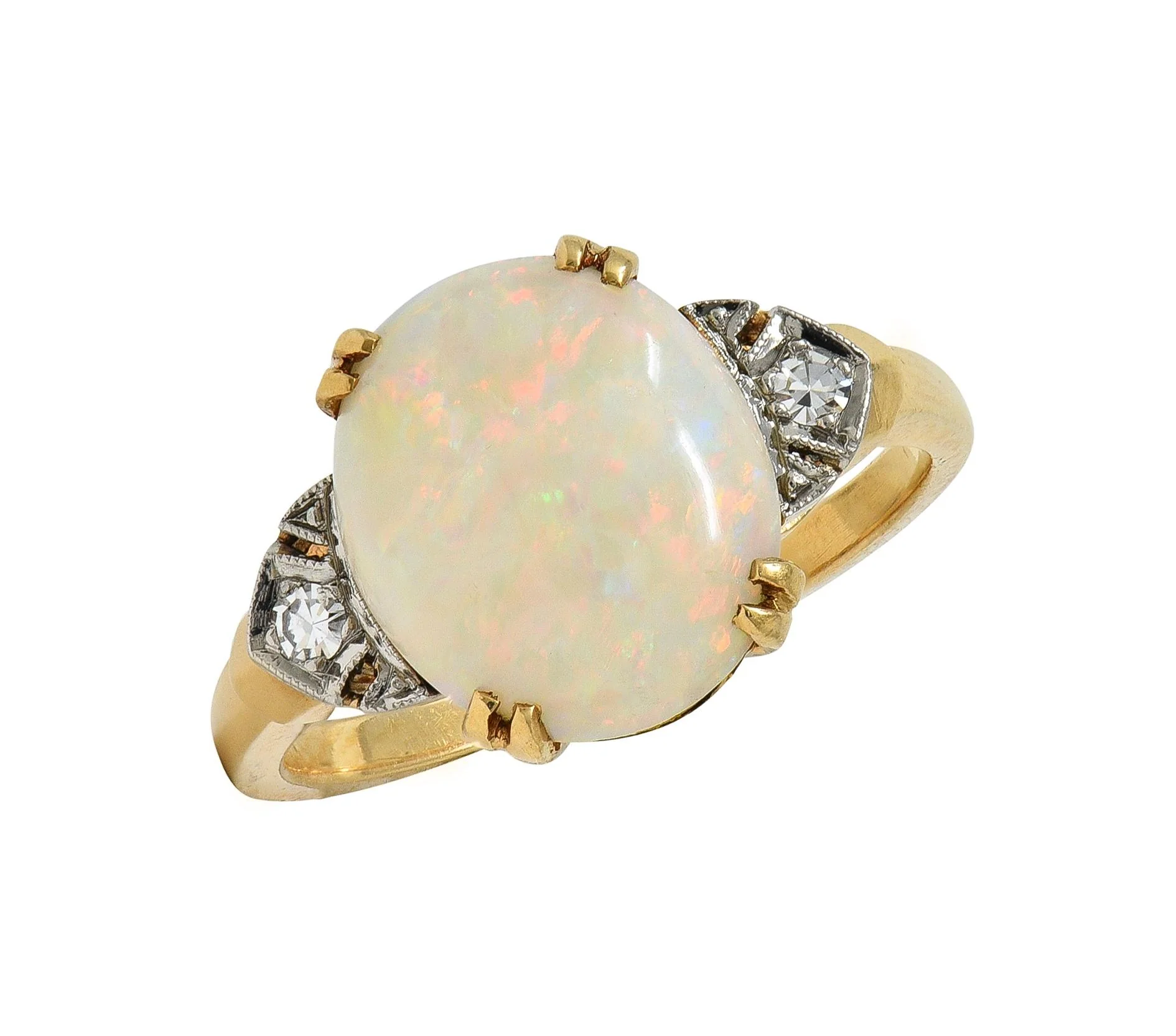 Helm & Hahn Co. Art Deco Opal Diamond 14 Karat Two-Tone Gold Three Stone Vintage Ring - Image 8
