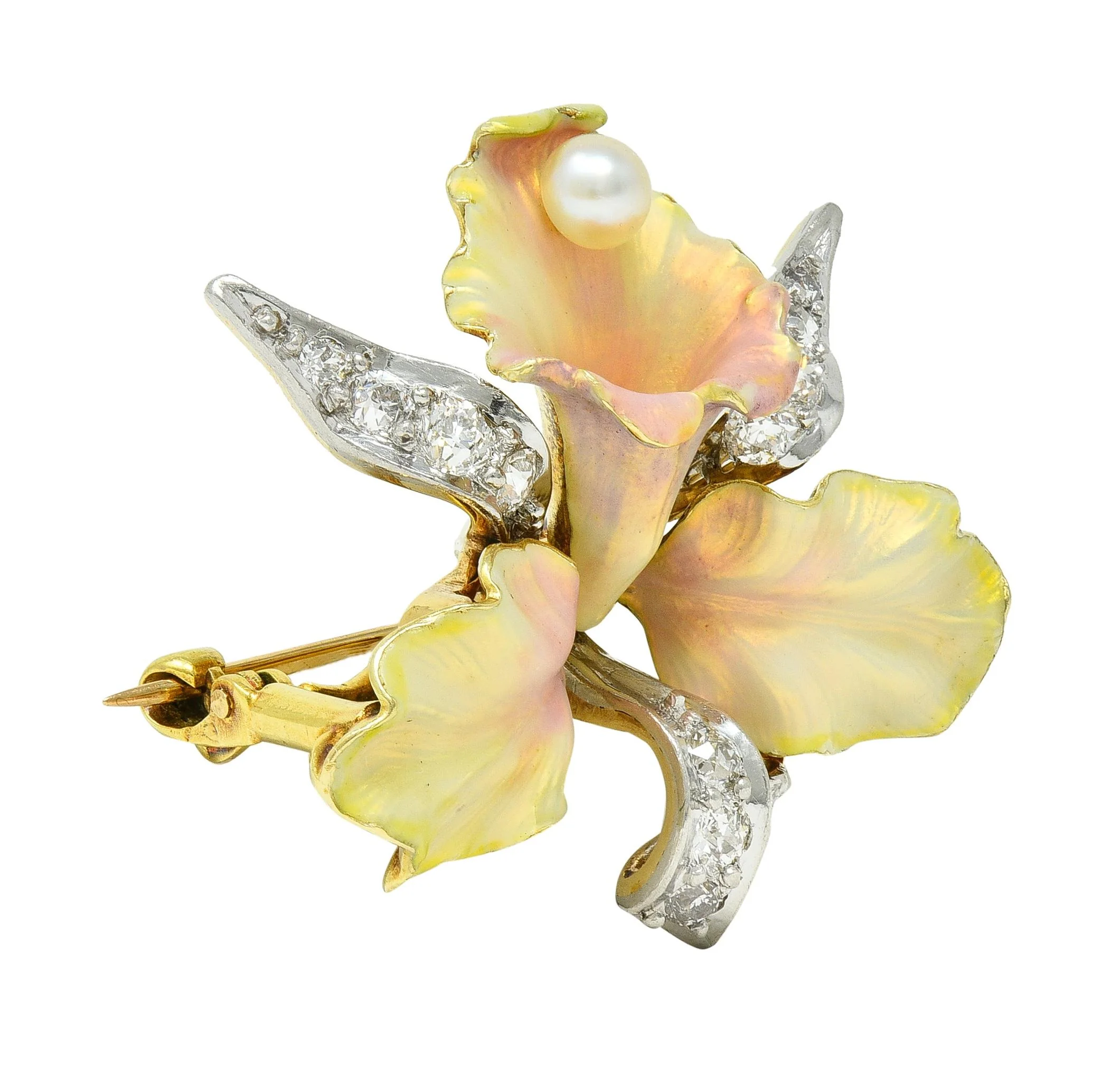 Henry Blank & Co. Art Nouveau Diamond Peal Enamel Platinum 14 Karat Gold Antique Daffodil Flower Pendant Brooch - Image 4