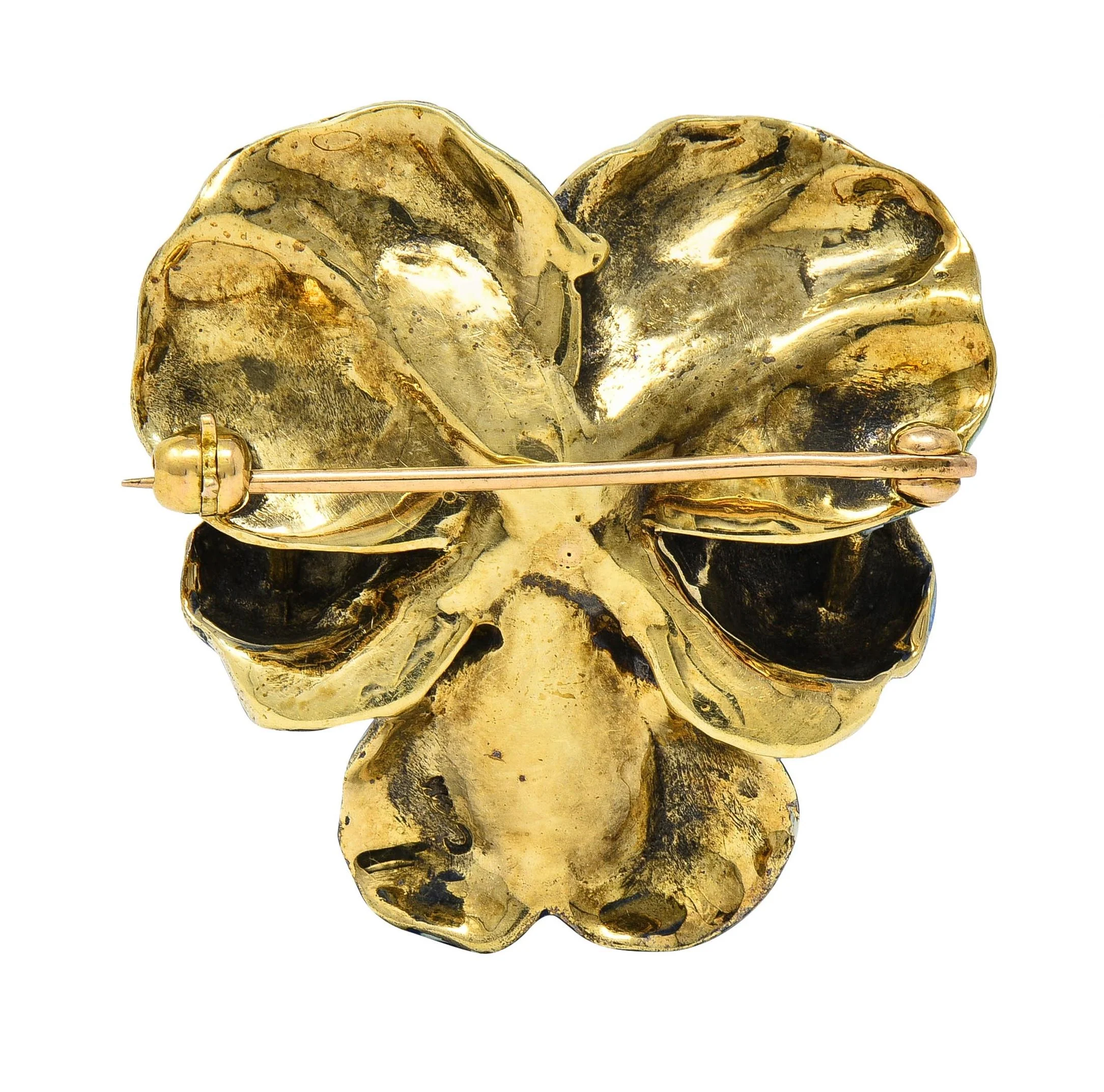 Henry Blank & Co. Art Nouveau Enamel Pearl 14 Karat Yellow Gold Antique Pansy Brooch - Image 3