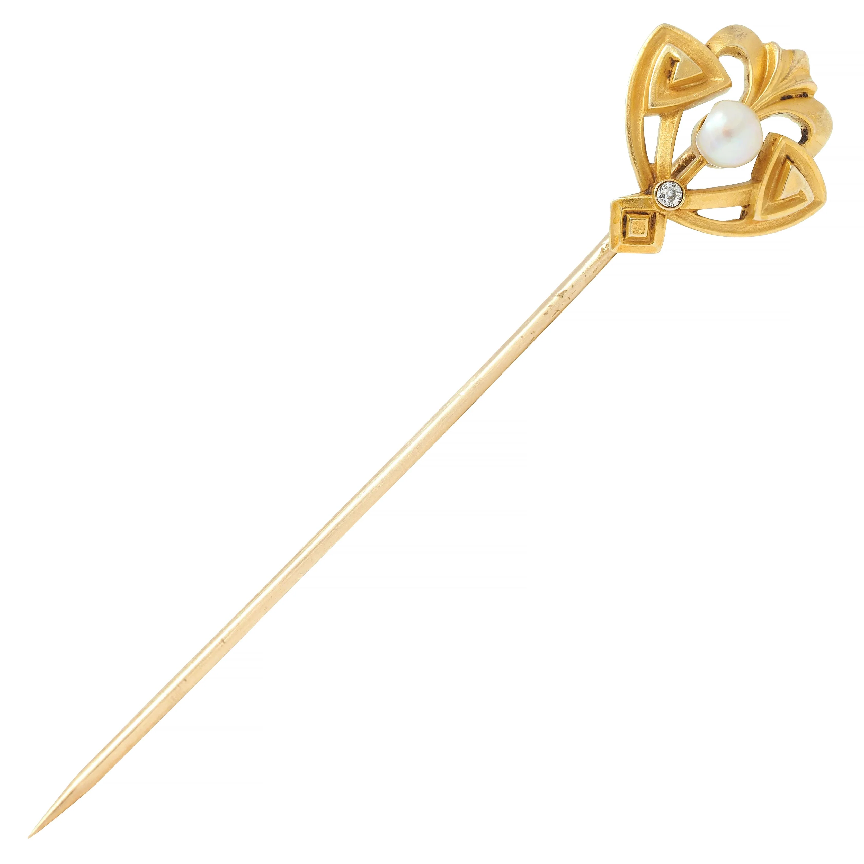 Henry Blank & Co. Art Nouveau Pearl 14 Karat Yellow Gold Antique Shield Stickpin - Image 2