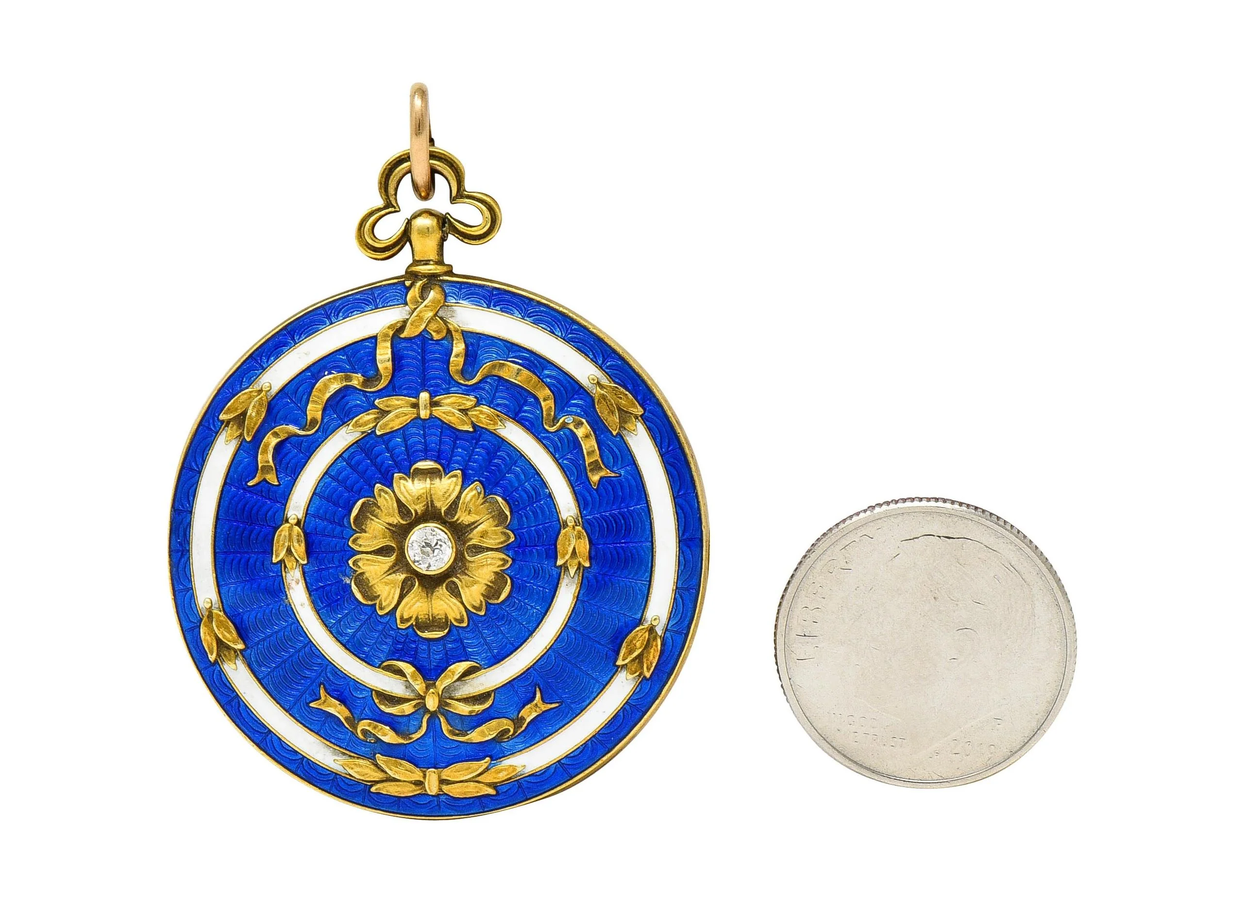 Henry Blank & Co. Belle Époque Diamond Guilloche Enamel 14 Karat Gold Ribbon Antique Locket Pendant - Image 6