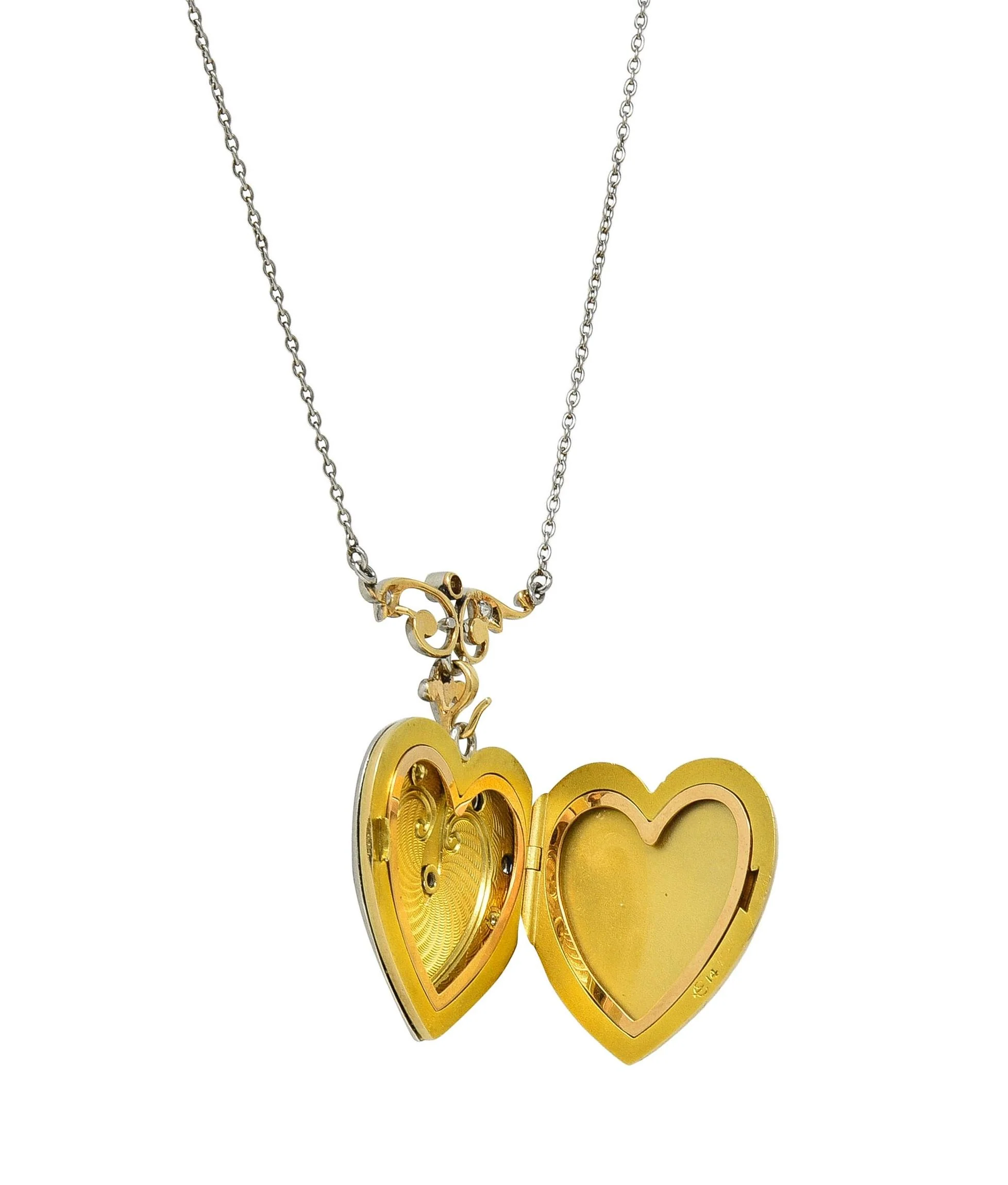 Henry Blank & Co Edwardian Diamond Enamel Platinum 14K Gold Antique Heart Locket Pendant Necklace - Image 10