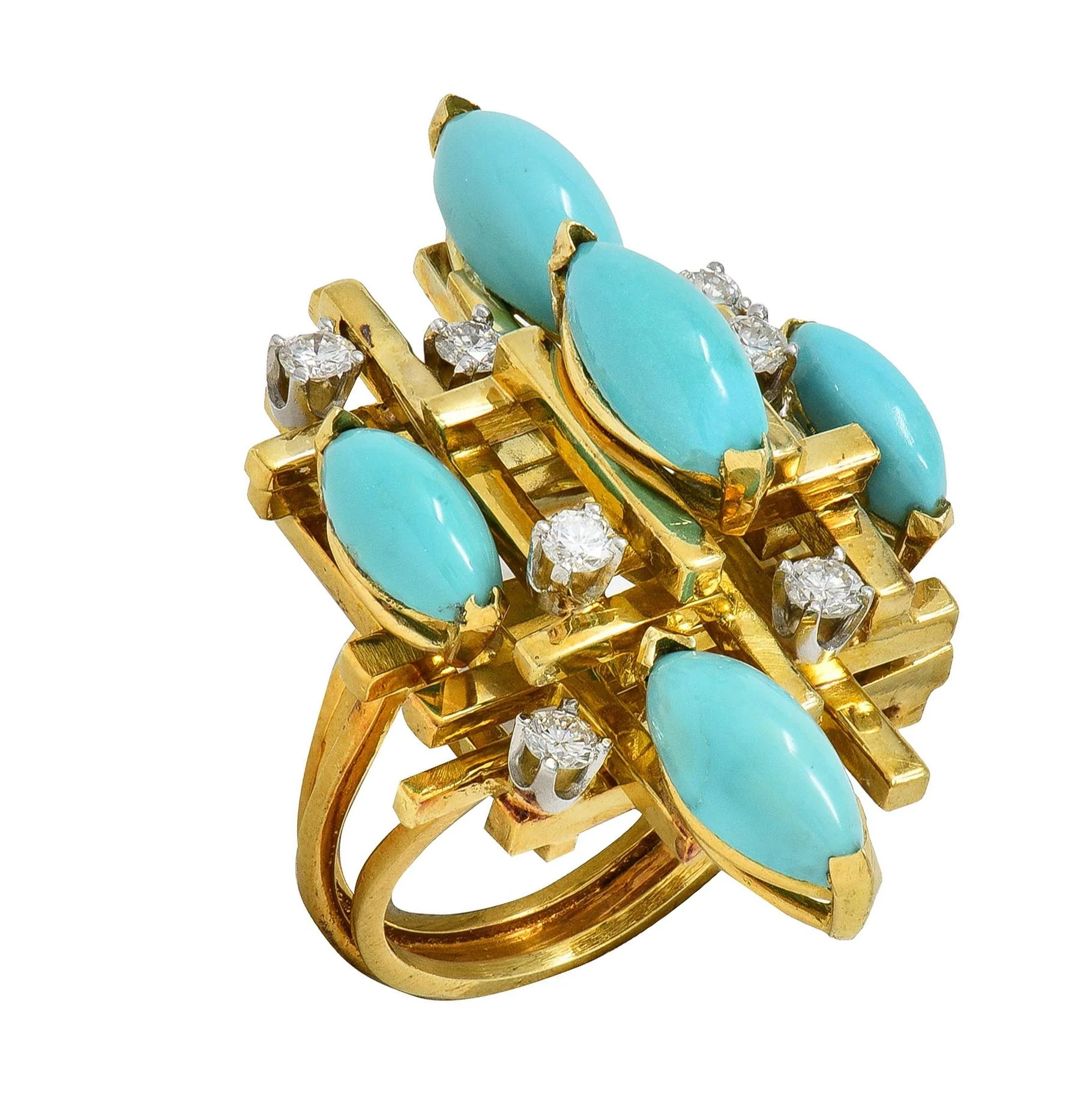 Henry Dunay Modernist Diamond Turquoise Platinum 18 Karat Yellow Gold Cocktail Ring - Image 10