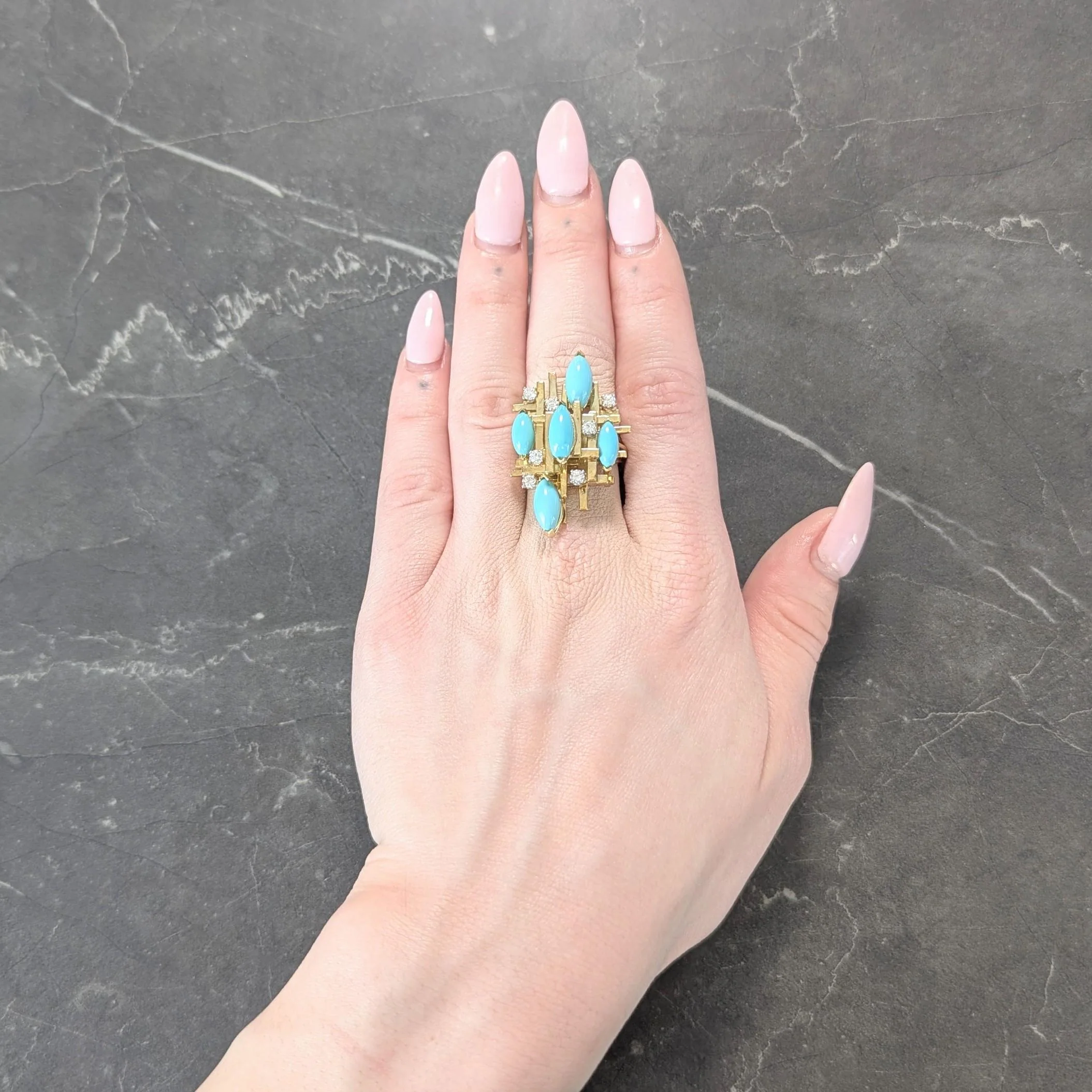 Henry Dunay Modernist Diamond Turquoise Platinum 18 Karat Yellow Gold Cocktail Ring - Image 11