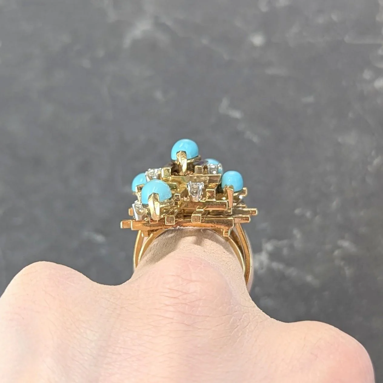 Henry Dunay Modernist Diamond Turquoise Platinum 18 Karat Yellow Gold Cocktail Ring - Image 12