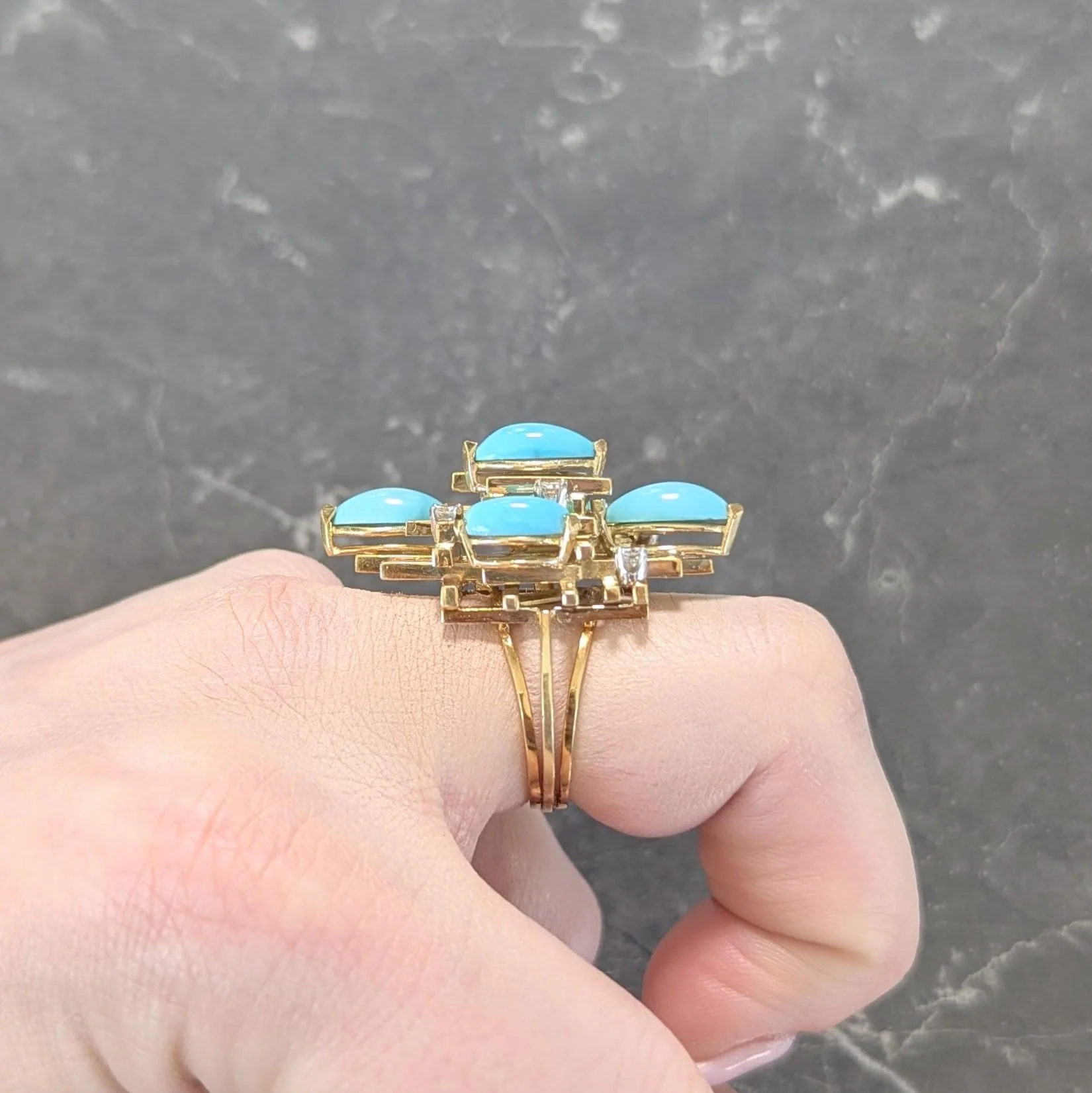 Henry Dunay Modernist Diamond Turquoise Platinum 18 Karat Yellow Gold Cocktail Ring - Image 13