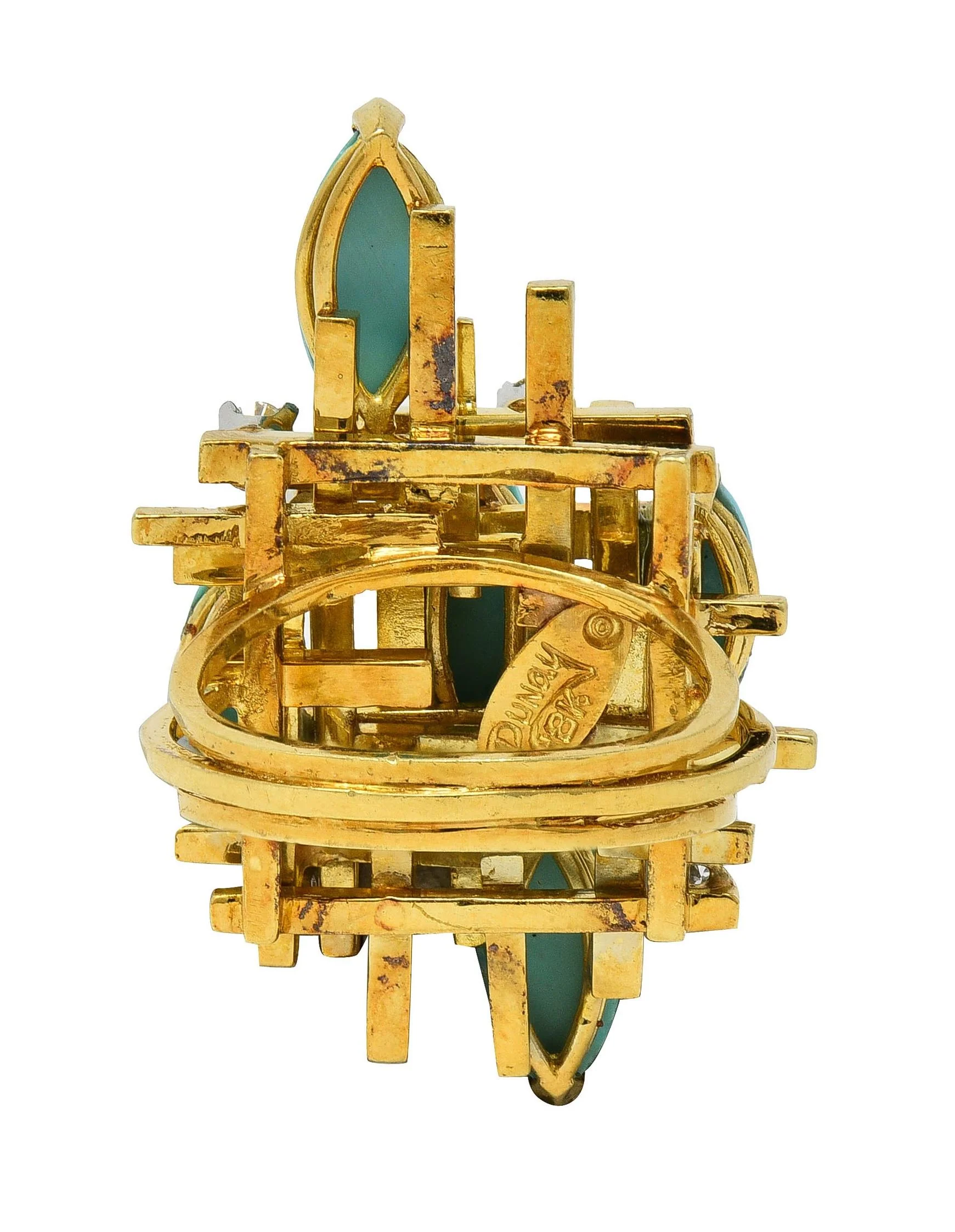 Henry Dunay Modernist Diamond Turquoise Platinum 18 Karat Yellow Gold Cocktail Ring - Image 5