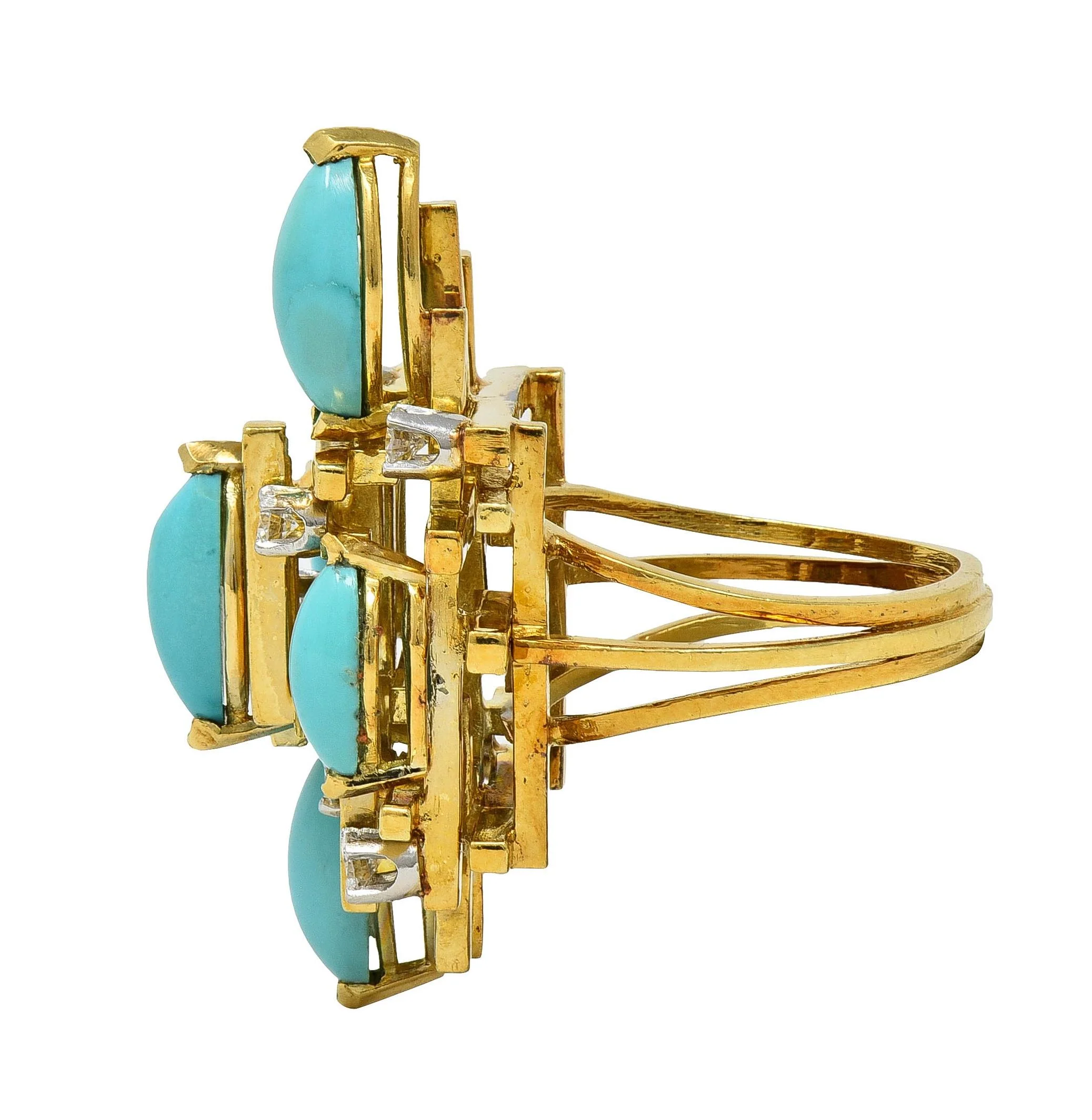 Henry Dunay Modernist Diamond Turquoise Platinum 18 Karat Yellow Gold Cocktail Ring - Image 6
