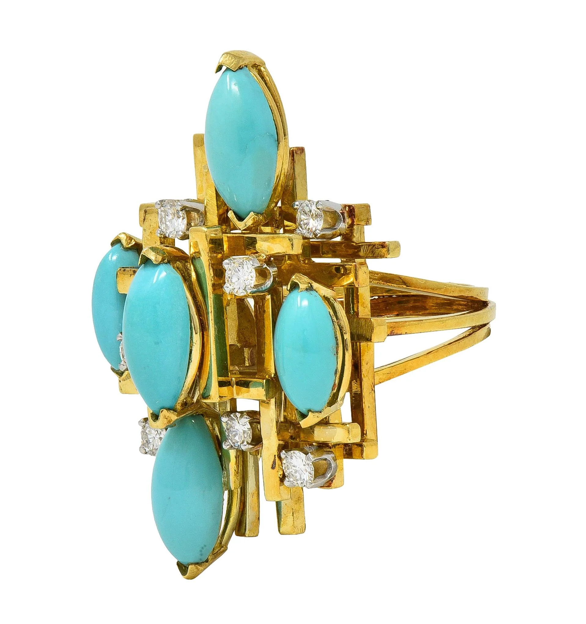Henry Dunay Modernist Diamond Turquoise Platinum 18 Karat Yellow Gold Cocktail Ring - Image 7