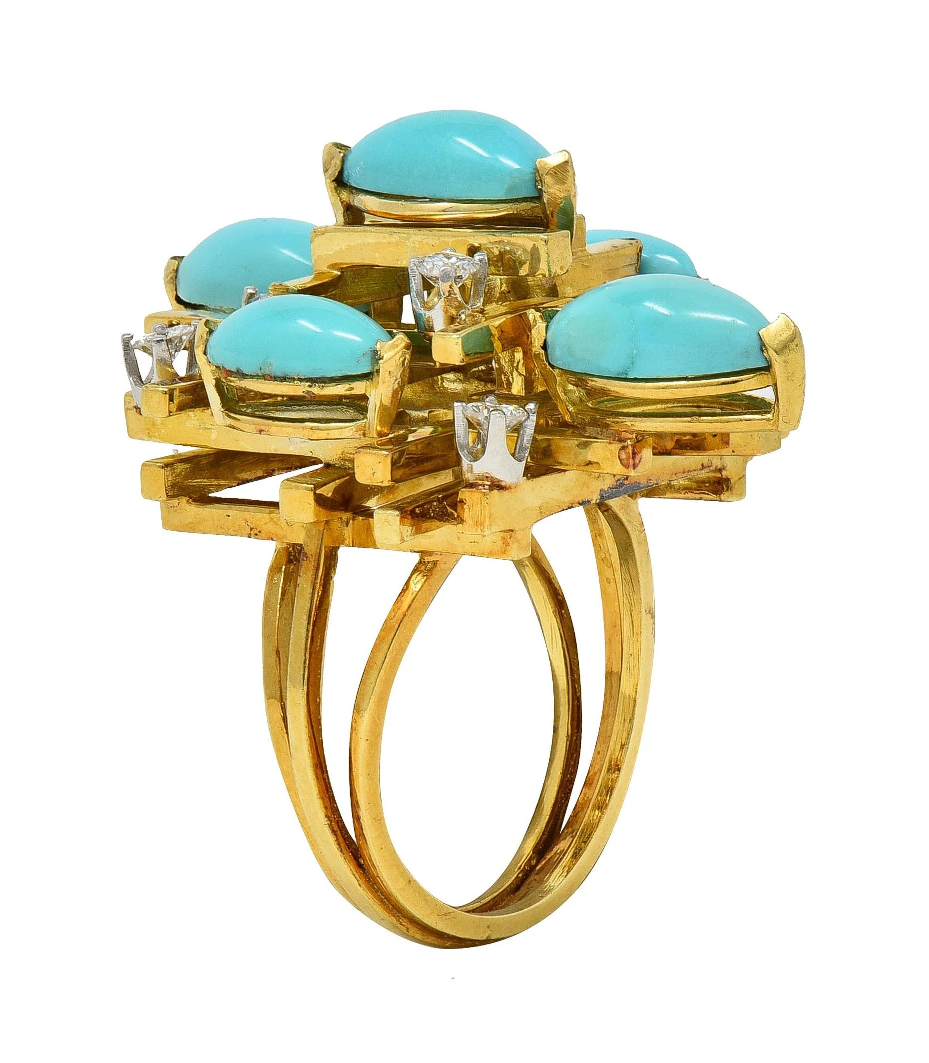 Henry Dunay Modernist Diamond Turquoise Platinum 18 Karat Yellow Gold Cocktail Ring - Image 9