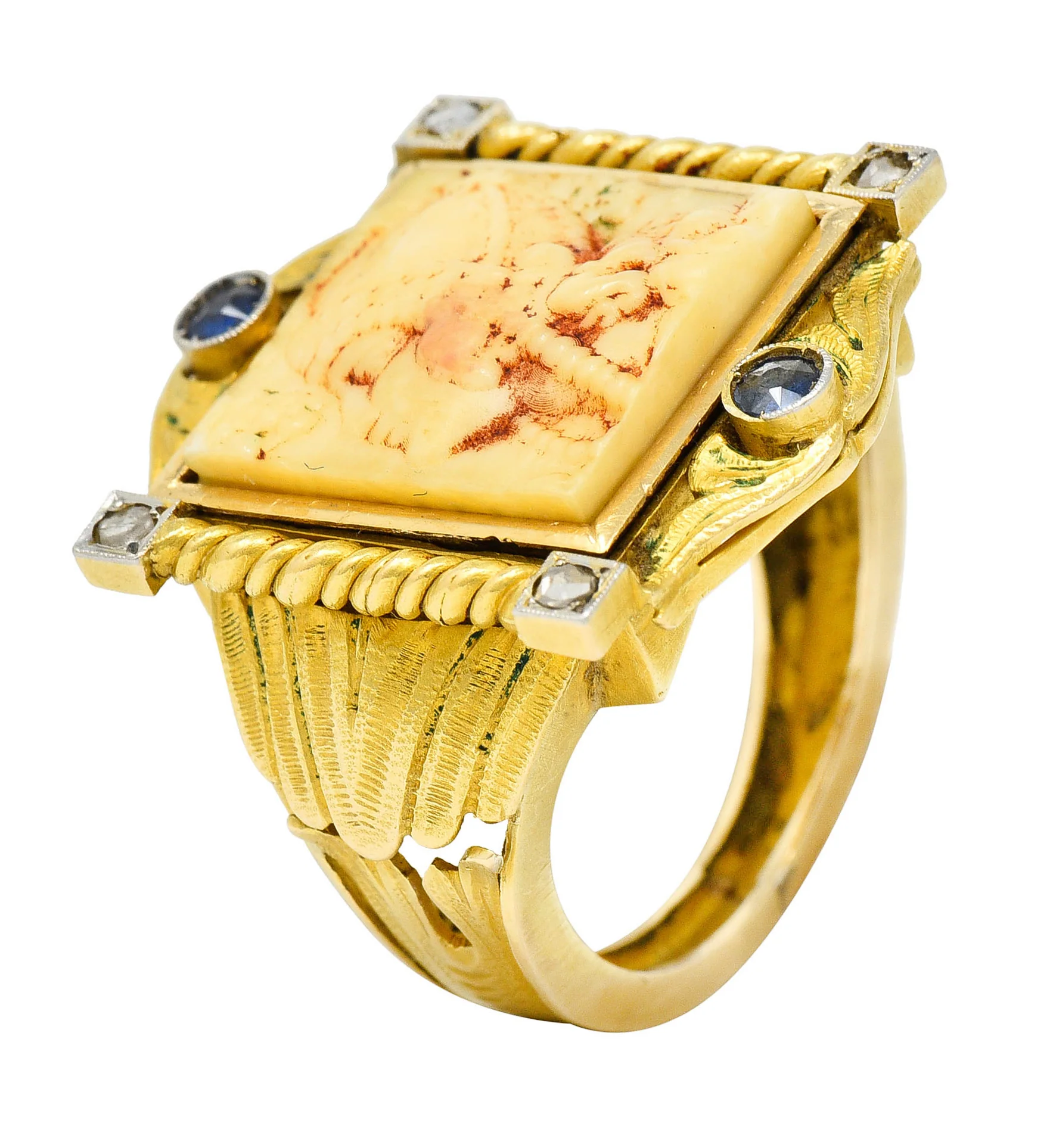 Hindu Sapphire Diamond Carved Bone 22 Karat Gold Lakshmi Goddess Ring - Image 11