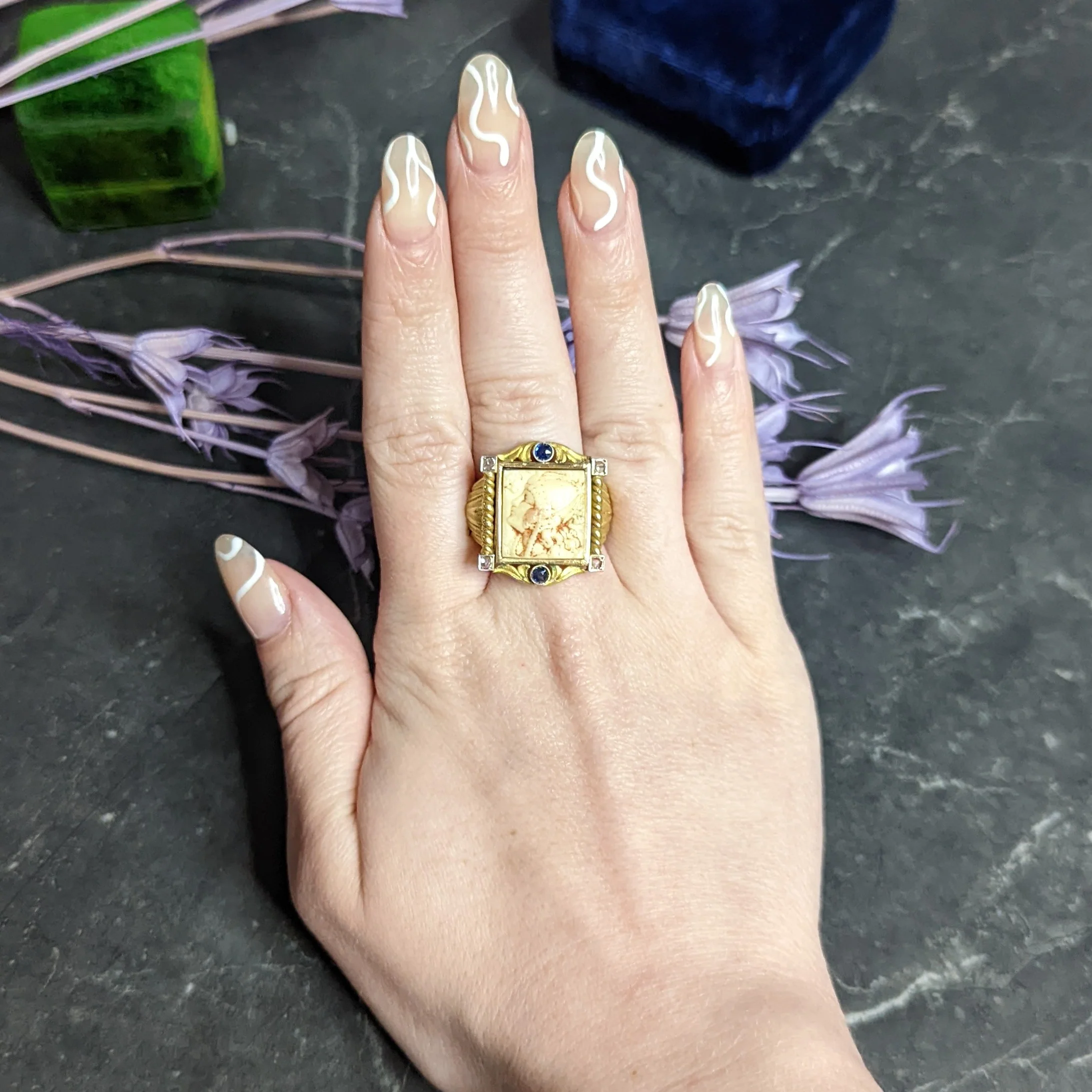 Hindu Sapphire Diamond Carved Bone 22 Karat Gold Lakshmi Goddess Ring - Image 12