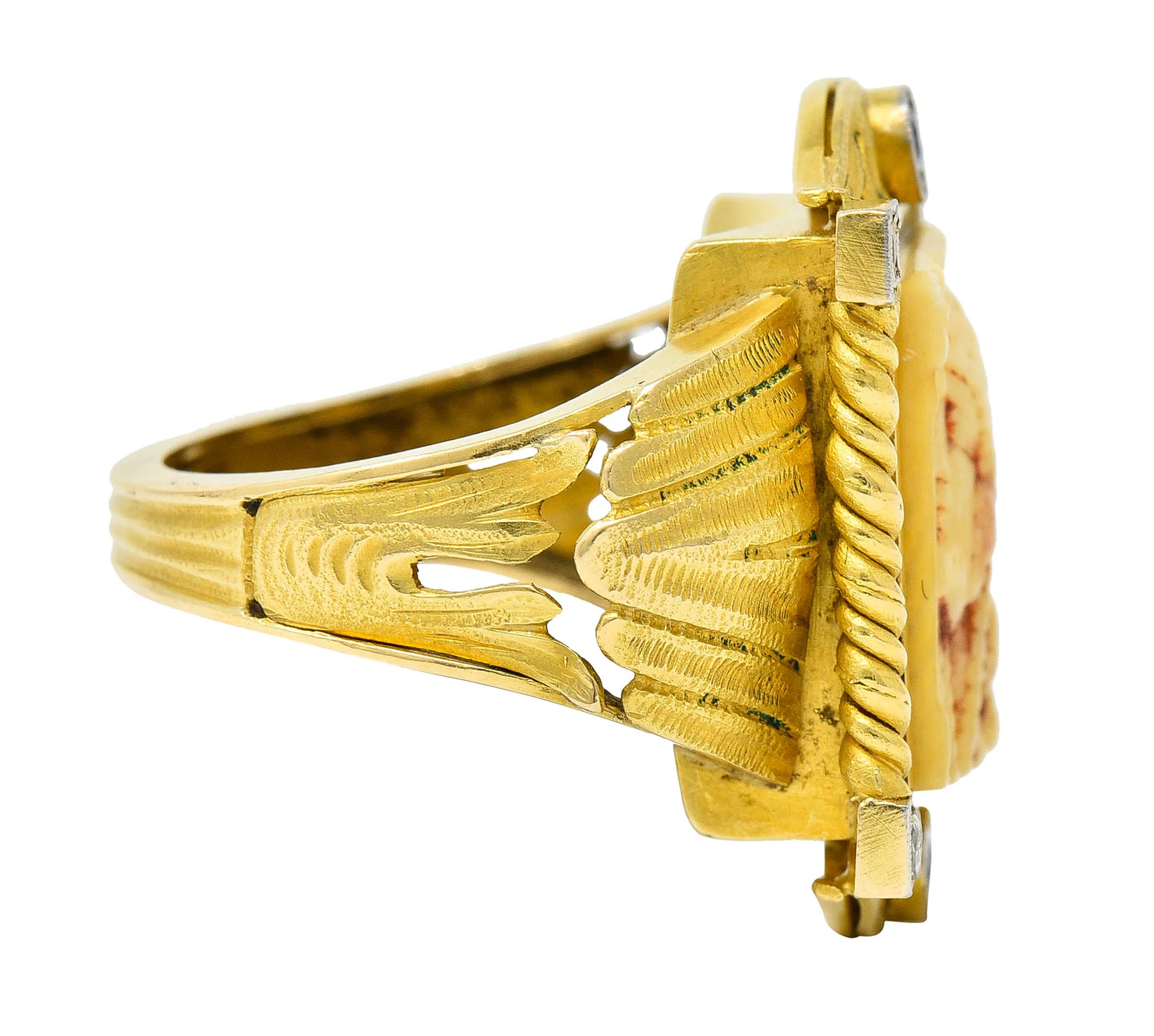 Hindu Sapphire Diamond Carved Bone 22 Karat Gold Lakshmi Goddess Ring - Image 3