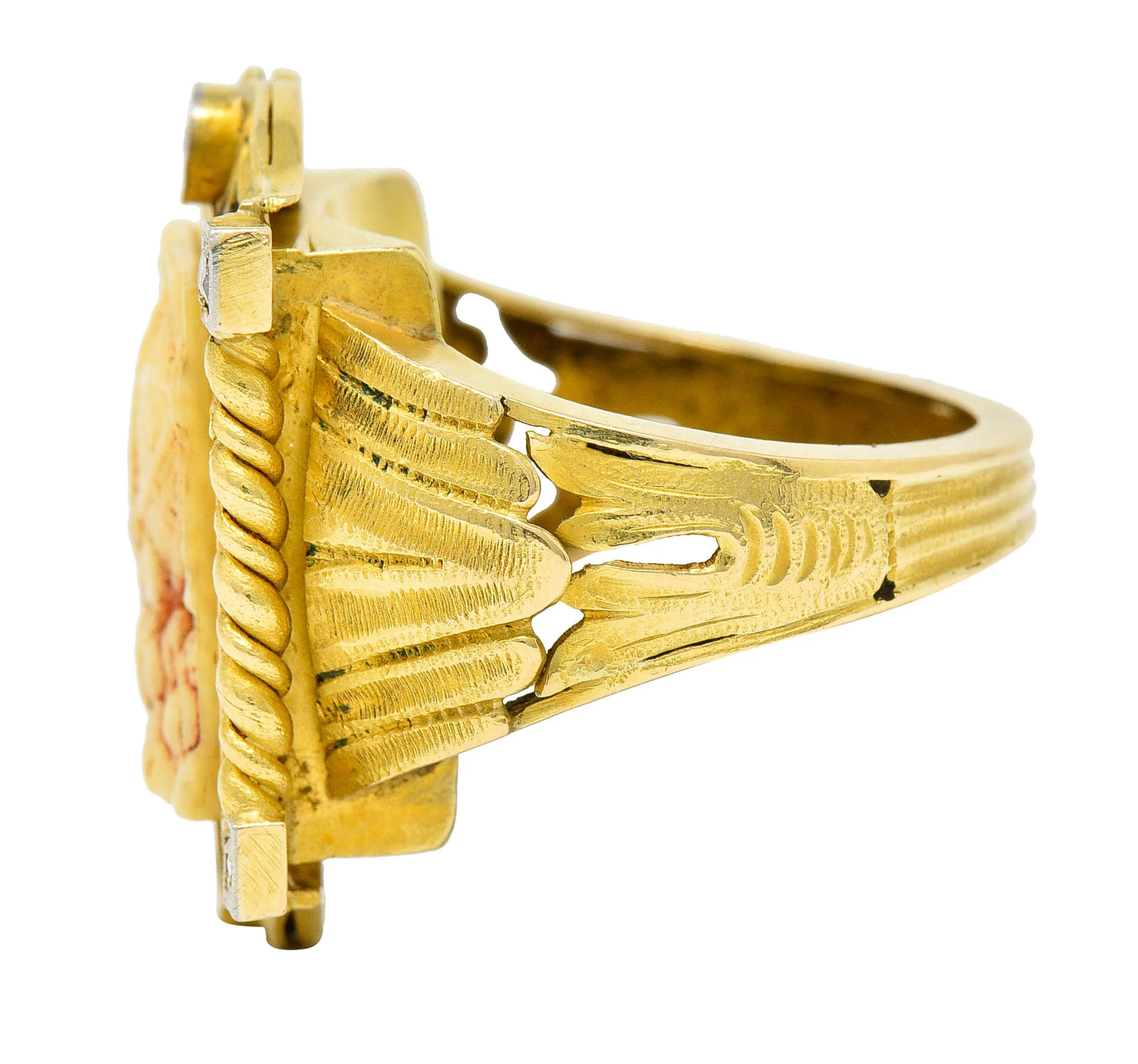 Hindu Sapphire Diamond Carved Bone 22 Karat Gold Lakshmi Goddess Ring - Image 5