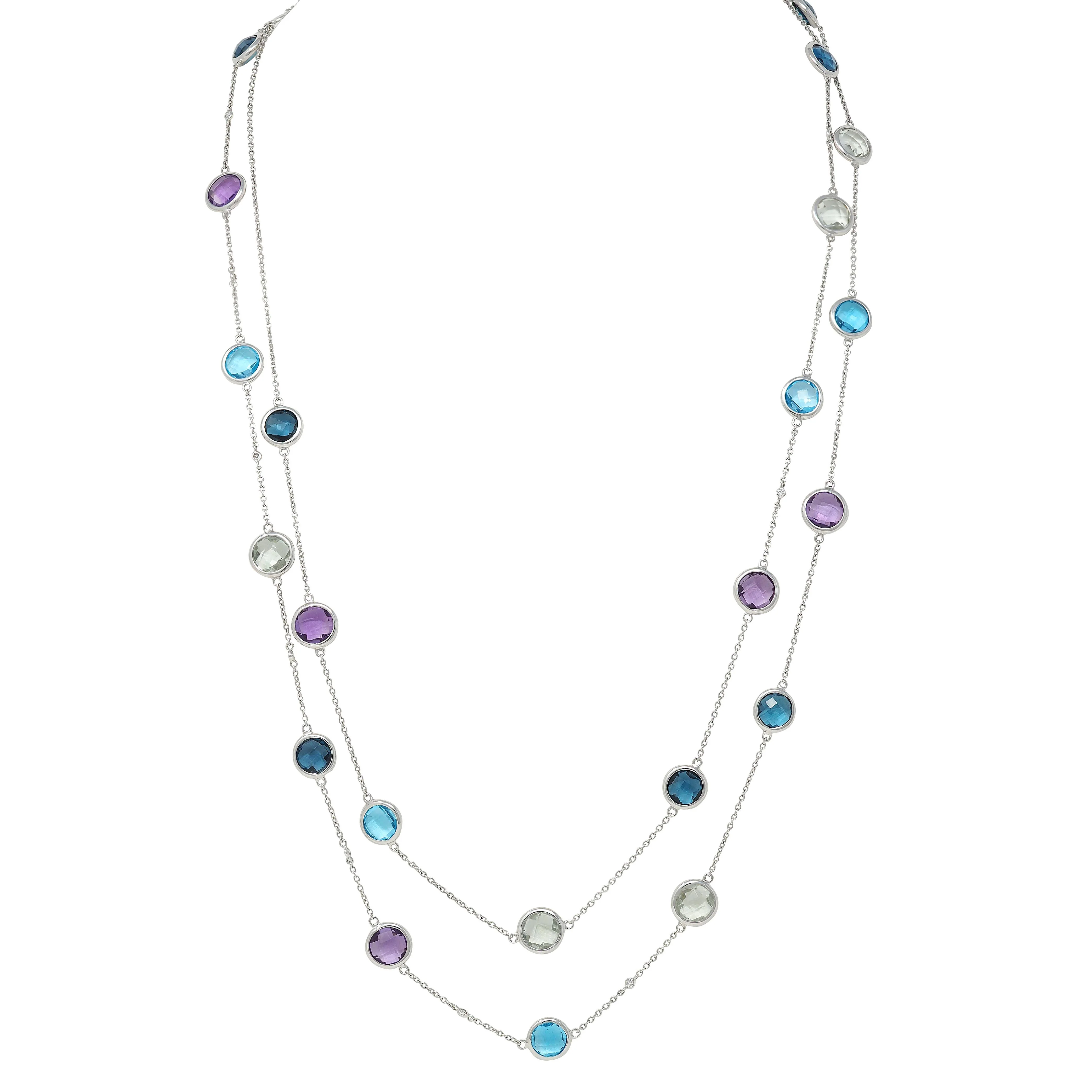 Hueb 2000's Diamond Multi-Gem Topaz Amethyst 18 Karat White Gold Bezel Station Link Chain Necklace