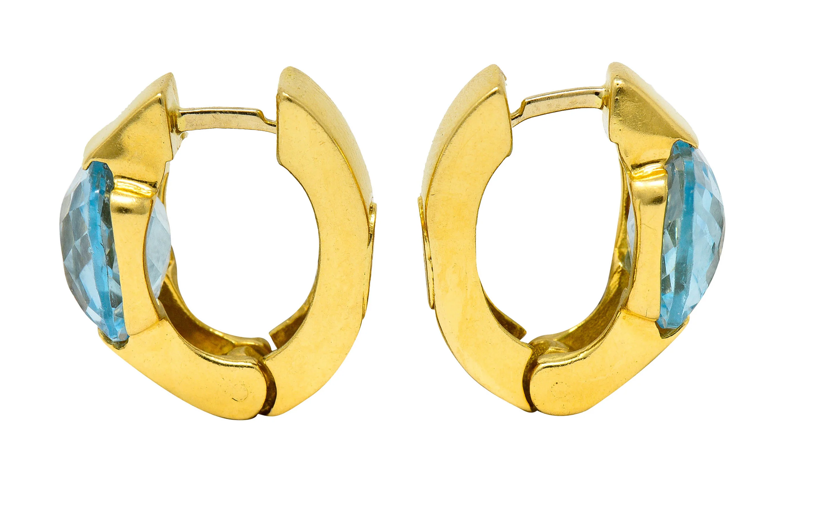 Italian Checkerboard Cut Blue Topaz 18 Karat Gold Huggie Earrings - Image 2