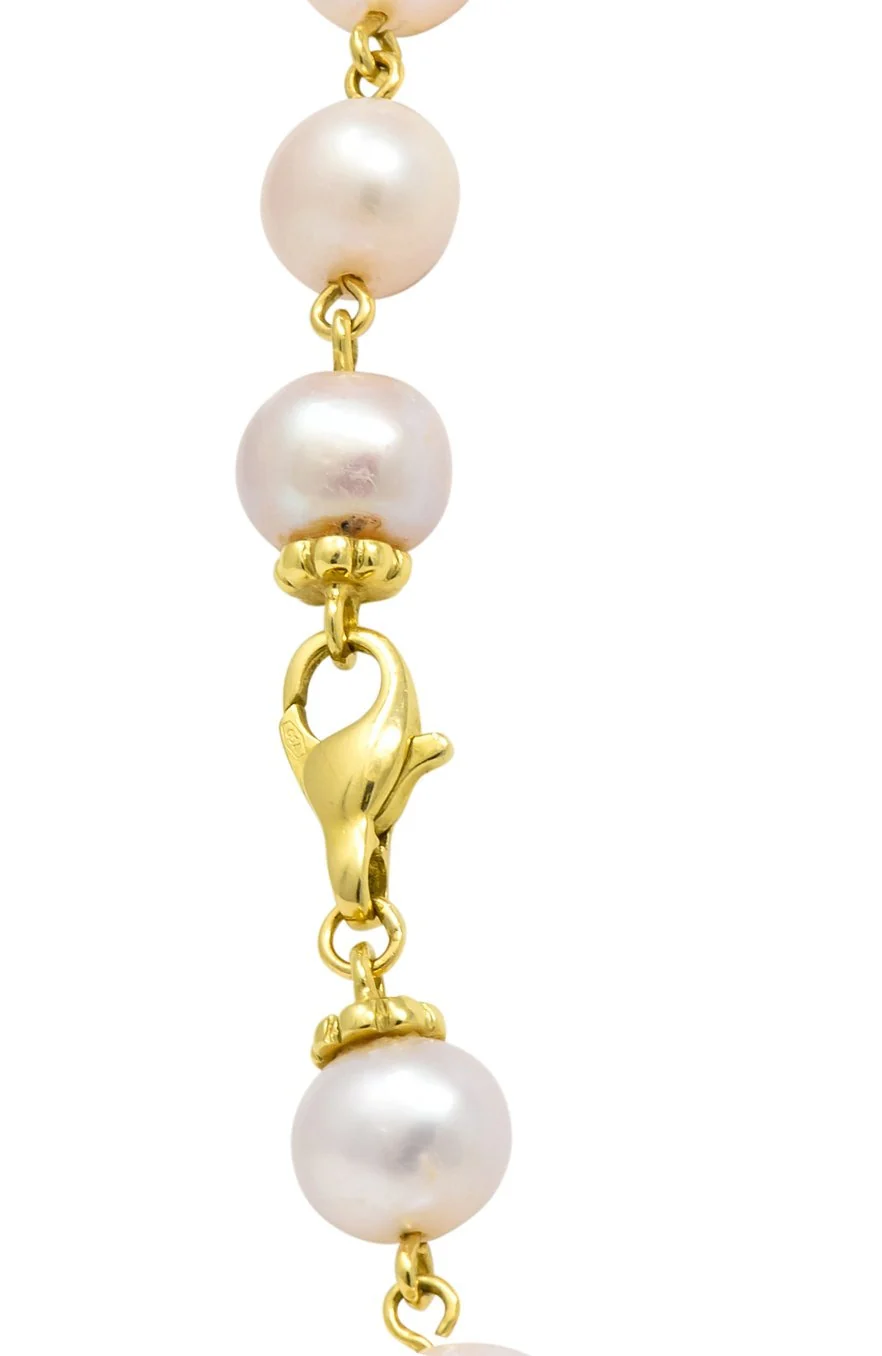 Italian Cultured Pearl 18 Karat Yellow Gold Station Necklace - Image 5