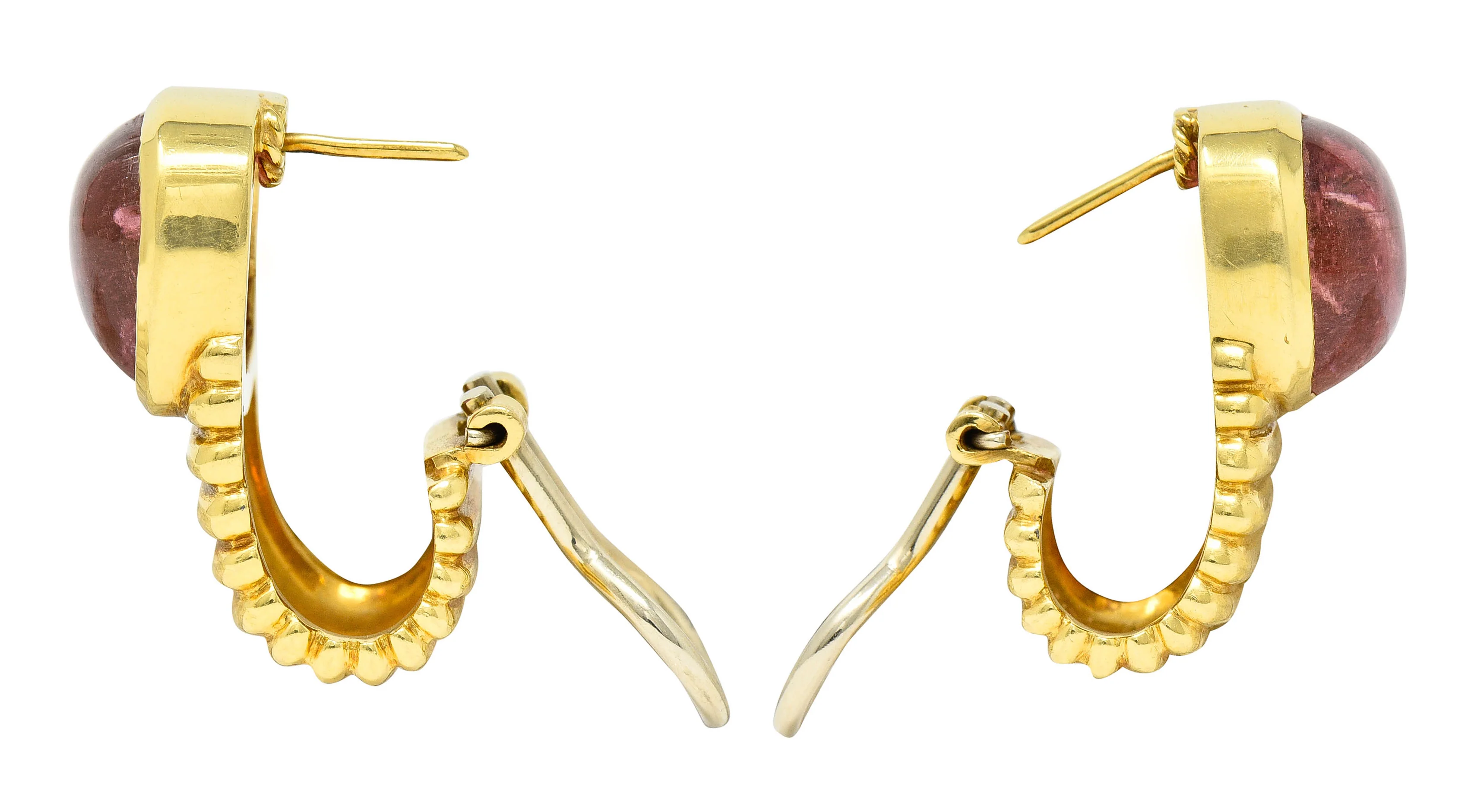 Italian Pink Tourmaline 18 Karat Gold J Hoop Earrings - Image 4