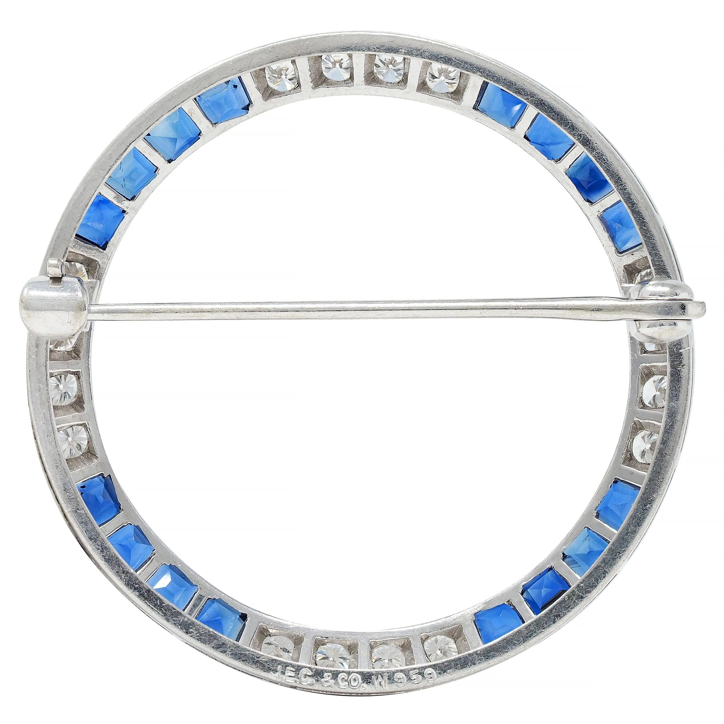 J.E. Caldwell 1950's 2.40 CTW Sapphire Diamond Platinum Vintage Circle Brooch - Image 3
