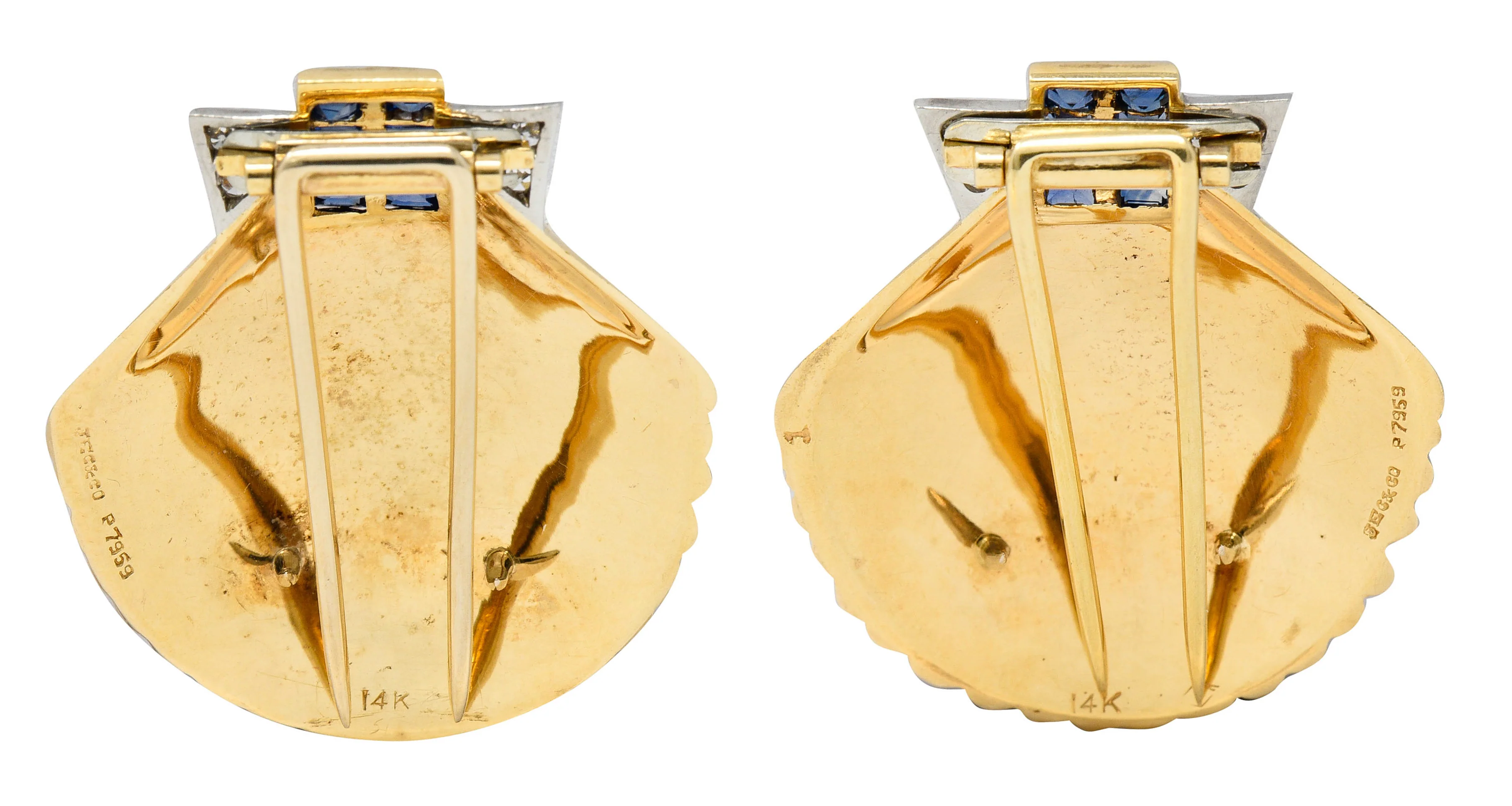 J.E. Caldwell 2.52 CTW Sapphire Diamond 14 Karat Gold Shell Brooch Clips - Image 3