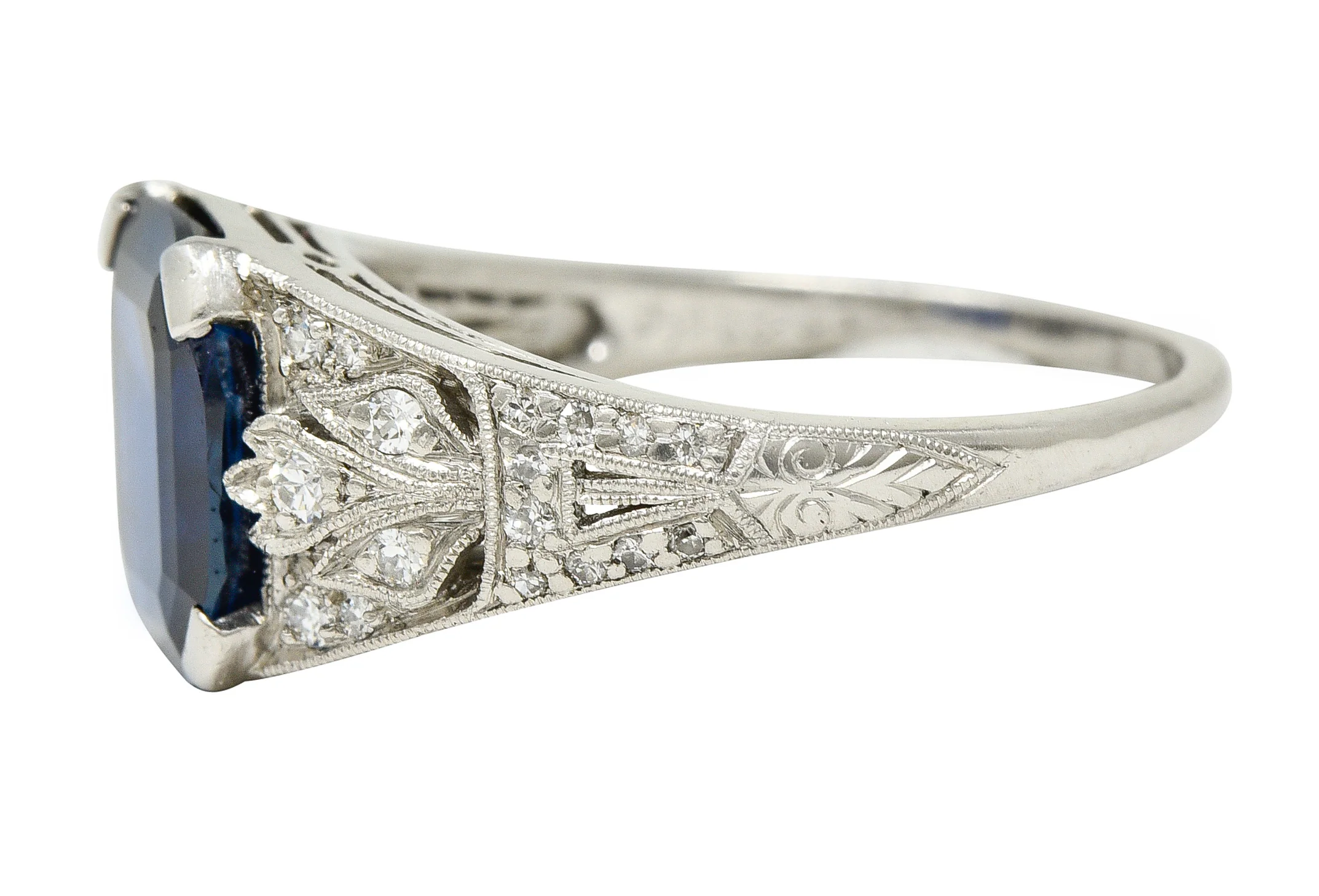 J.E. Caldwell Art Deco 3.90 CTW No Heat Sapphire Diamond Platinum Floral Vintage Ring GIA - Image 6