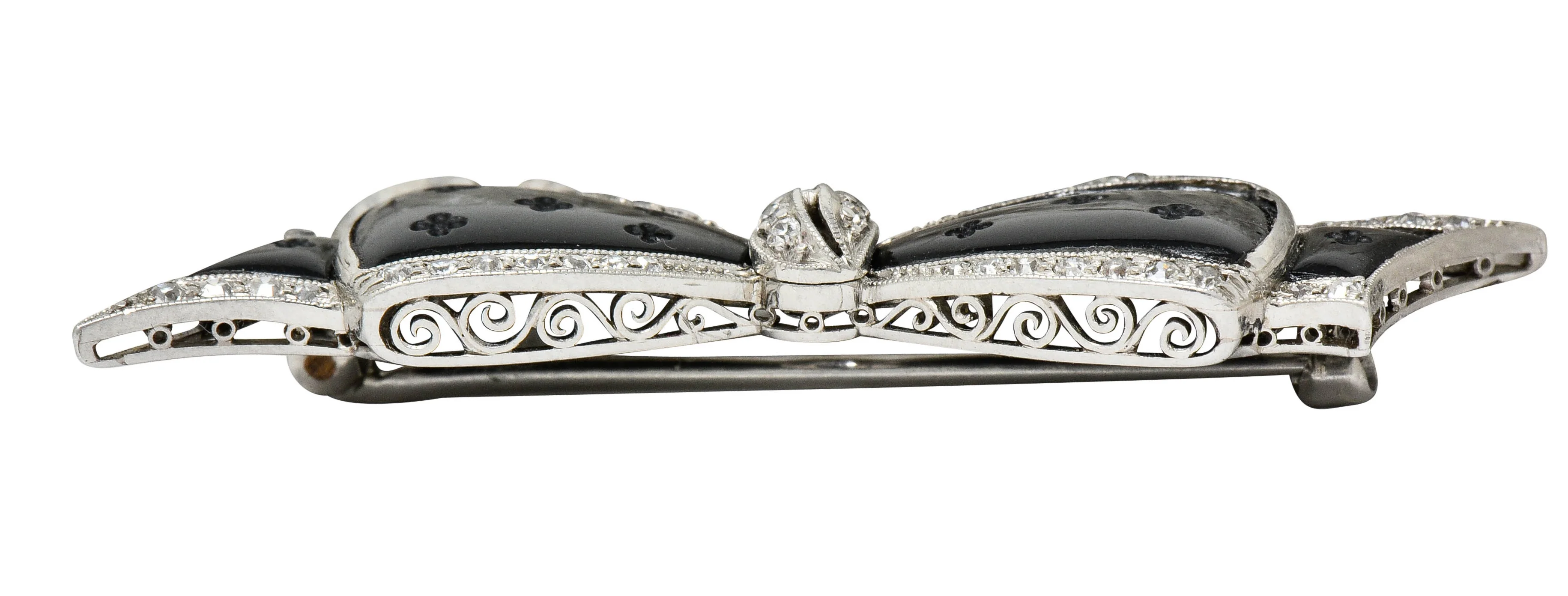 J.E. Caldwell Art Deco Diamond Onyx Platinum Bow Brooch - Image 6