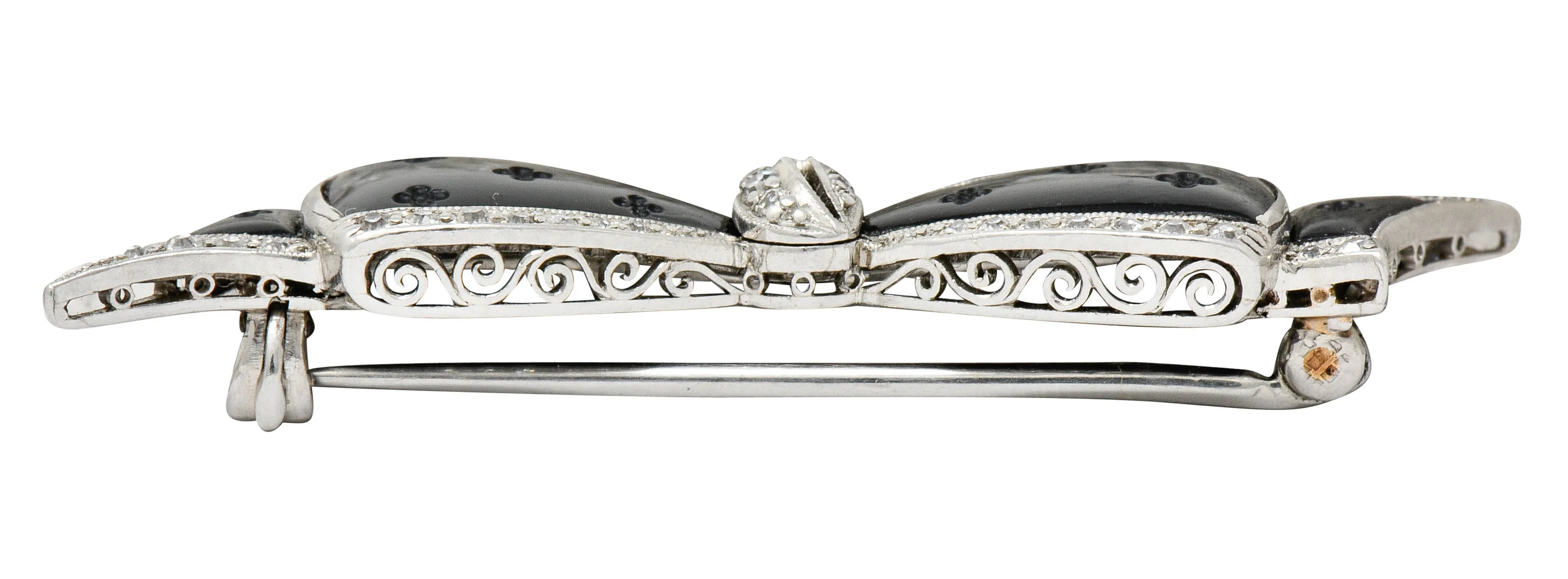 J.E. Caldwell Art Deco Diamond Onyx Platinum Bow Brooch - Image 7