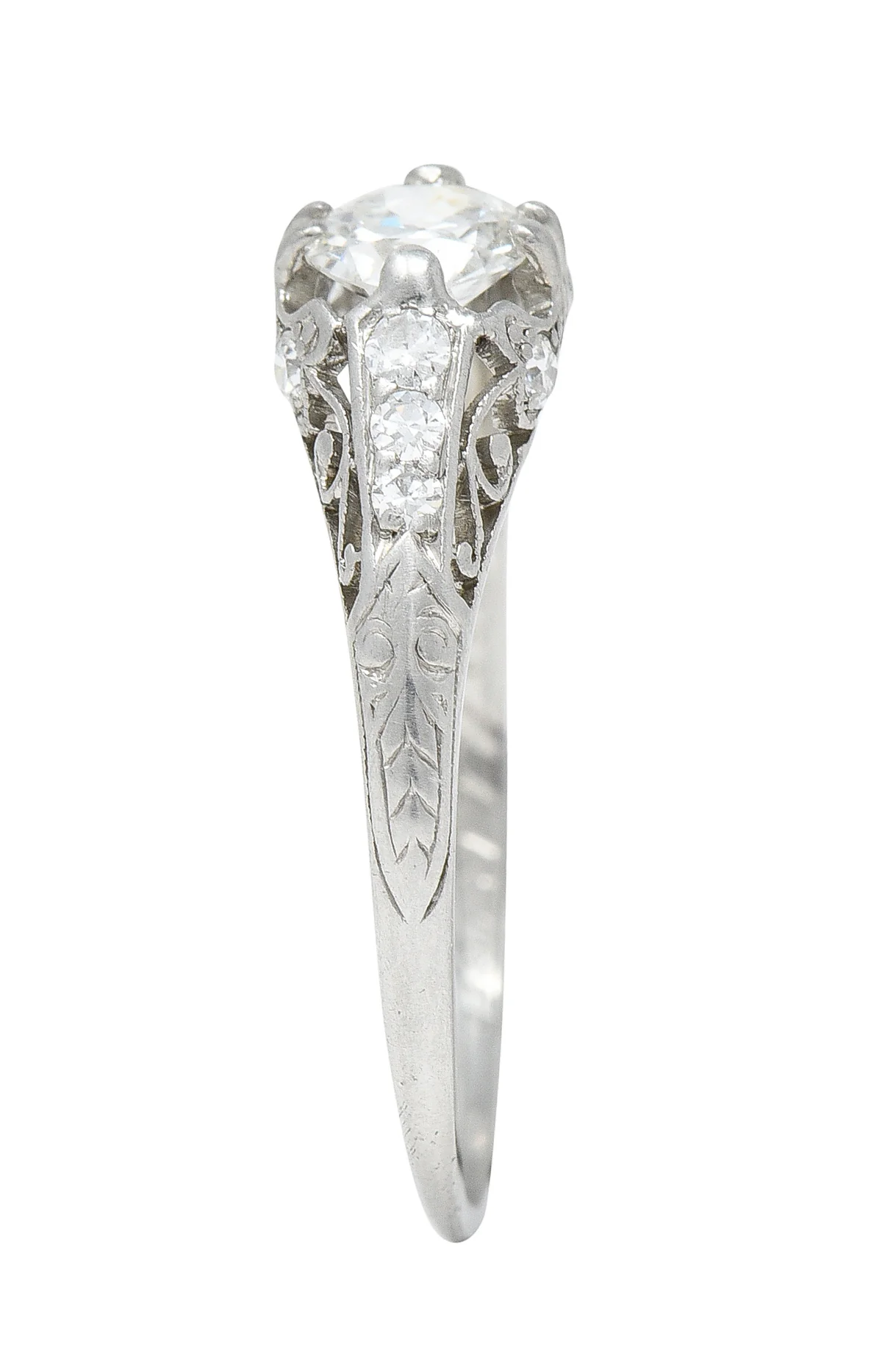 J. E. Caldwell & Co. 1920's Art Deco 0.56 CTW Old European Cut Diamond Platinum Scrolling Vine Belcher Set Engagement Ring - Image 10