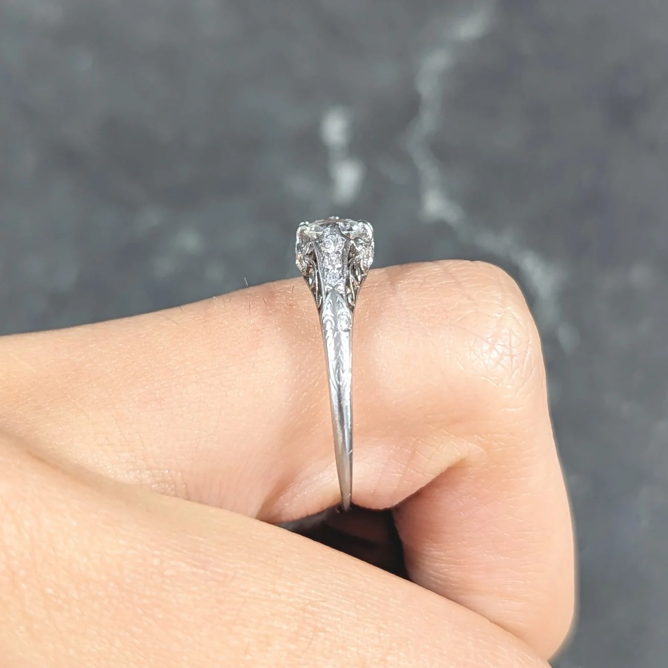 J. E. Caldwell & Co. 1920's Art Deco 0.56 CTW Old European Cut Diamond Platinum Scrolling Vine Belcher Set Engagement Ring - Image 14