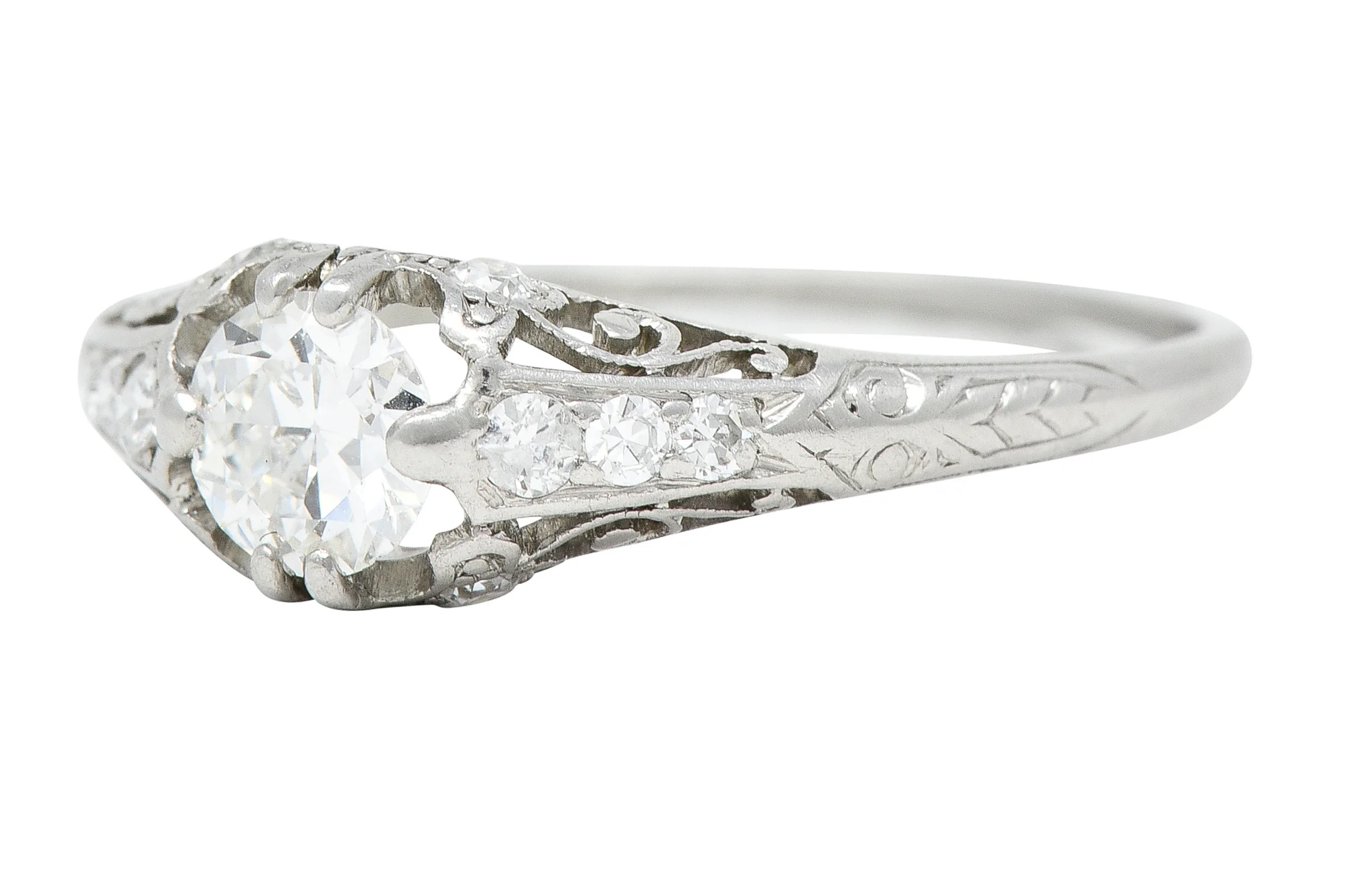 J. E. Caldwell & Co. 1920's Art Deco 0.56 CTW Old European Cut Diamond Platinum Scrolling Vine Belcher Set Engagement Ring - Image 5
