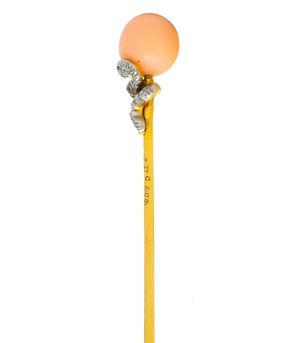J.E. Caldwell Edwardian Pink Coral Diamond Platinum-Topped 14 Karat Gold Snake Stickpin - Image 2